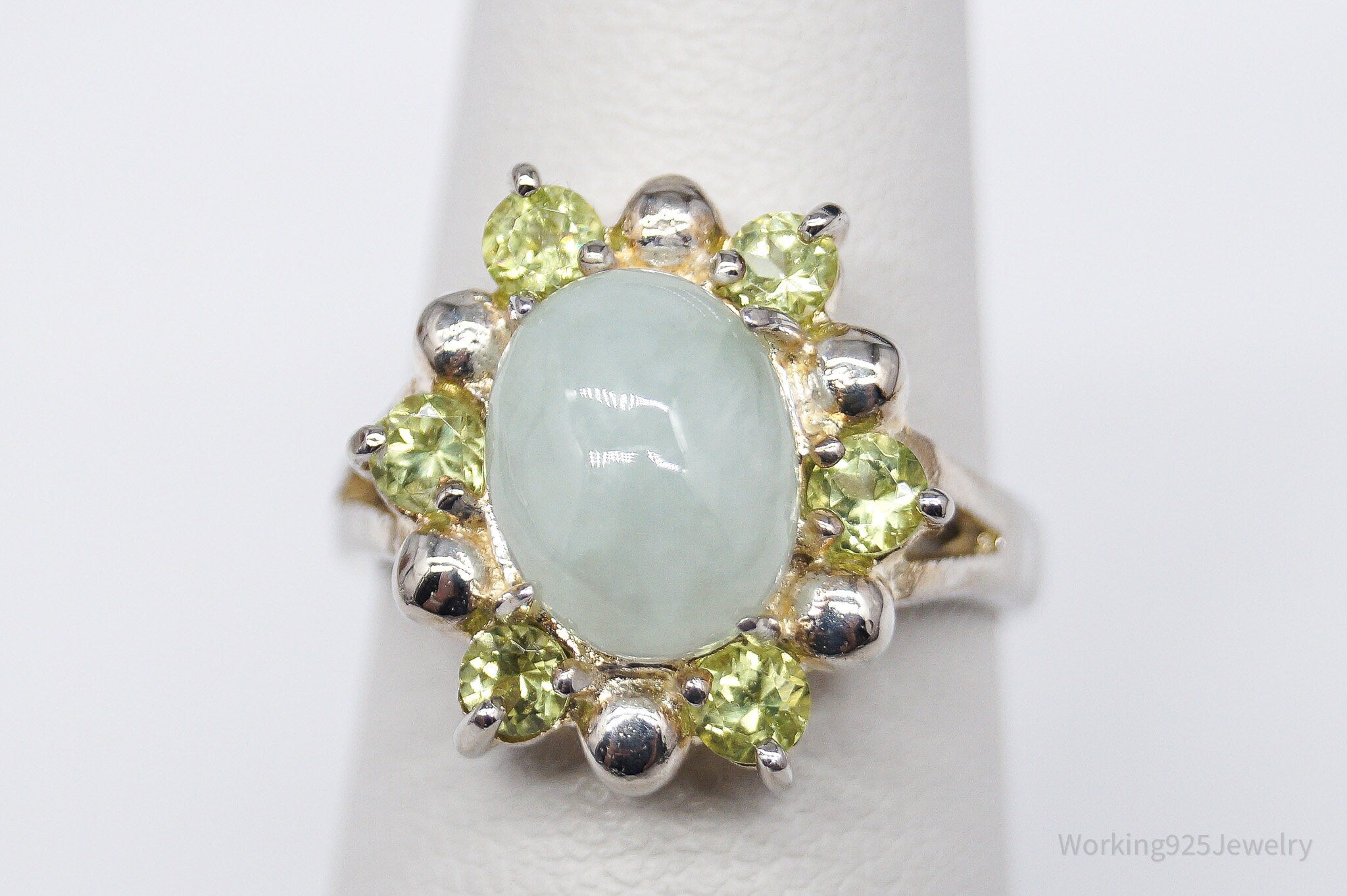 Vintage Green Jade & Peridot Sterling Silver Ring - Size 6