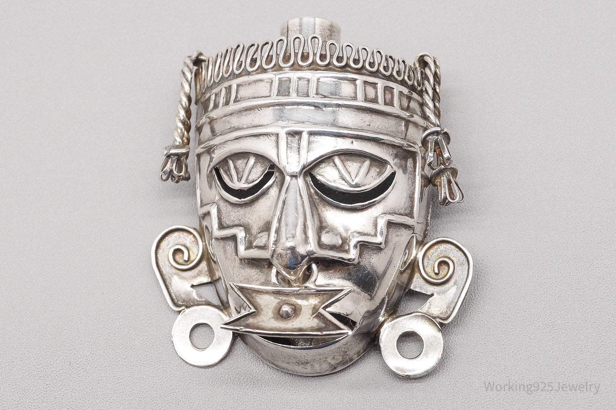 Large Vintage Mexico Aztec Warrior Mask Sterling Silver Brooch Pin Pendant