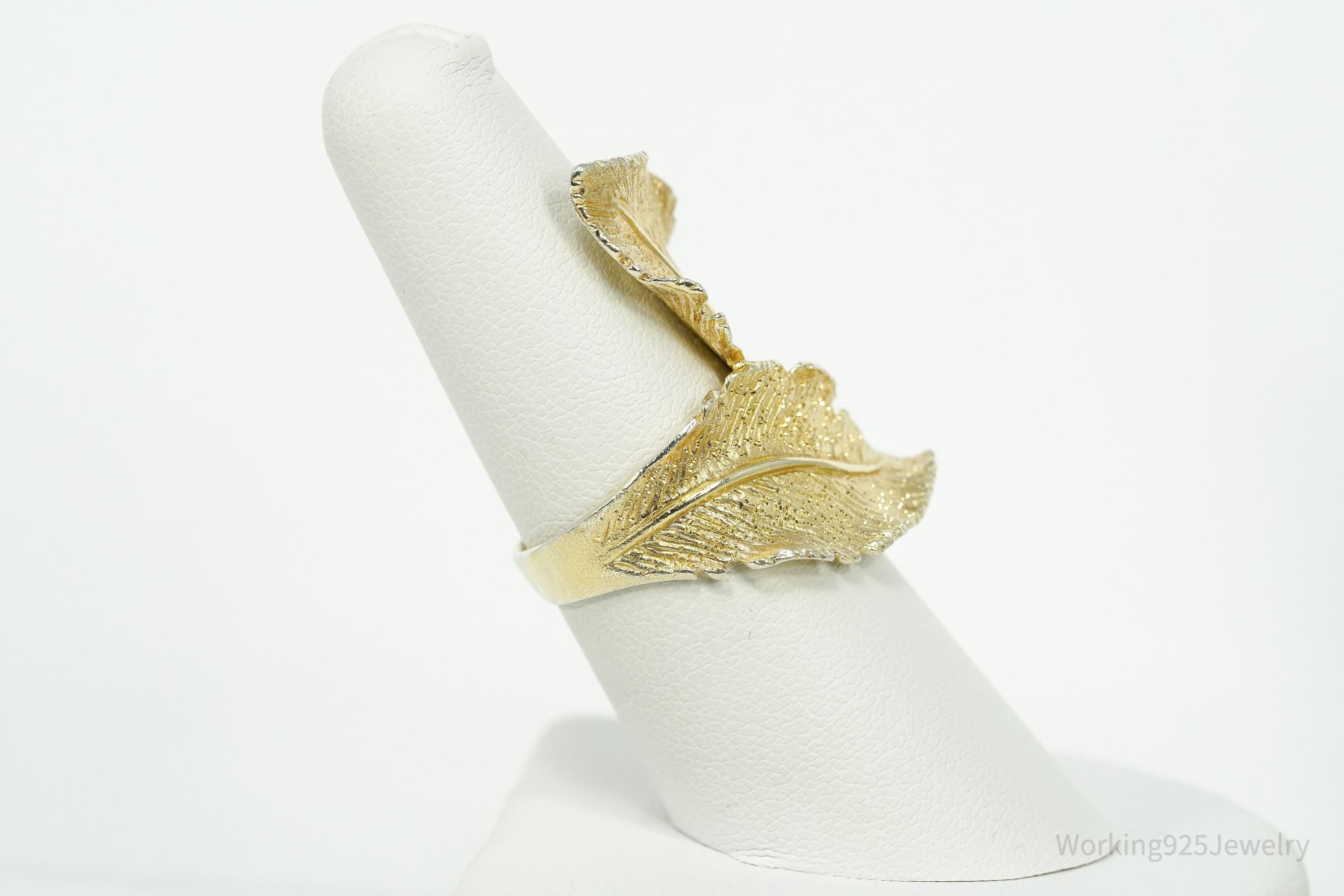 Vintage Italian Dyadema 18K Yellow Gold Plated Figural Leaf Sterling Silver Ring - Size 7