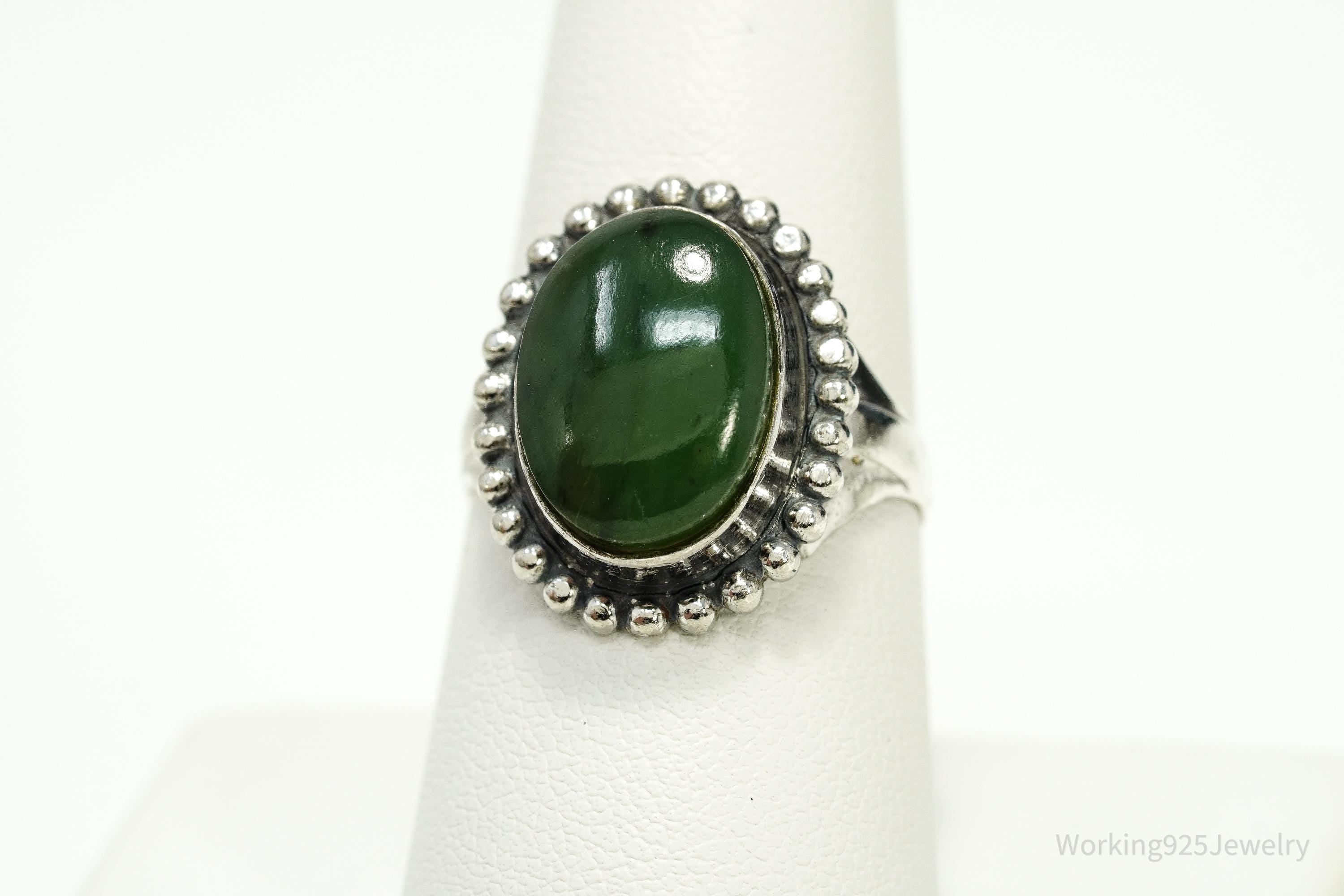 Antique Nephrite Jade Sterling Silver Ring - Size 8.25