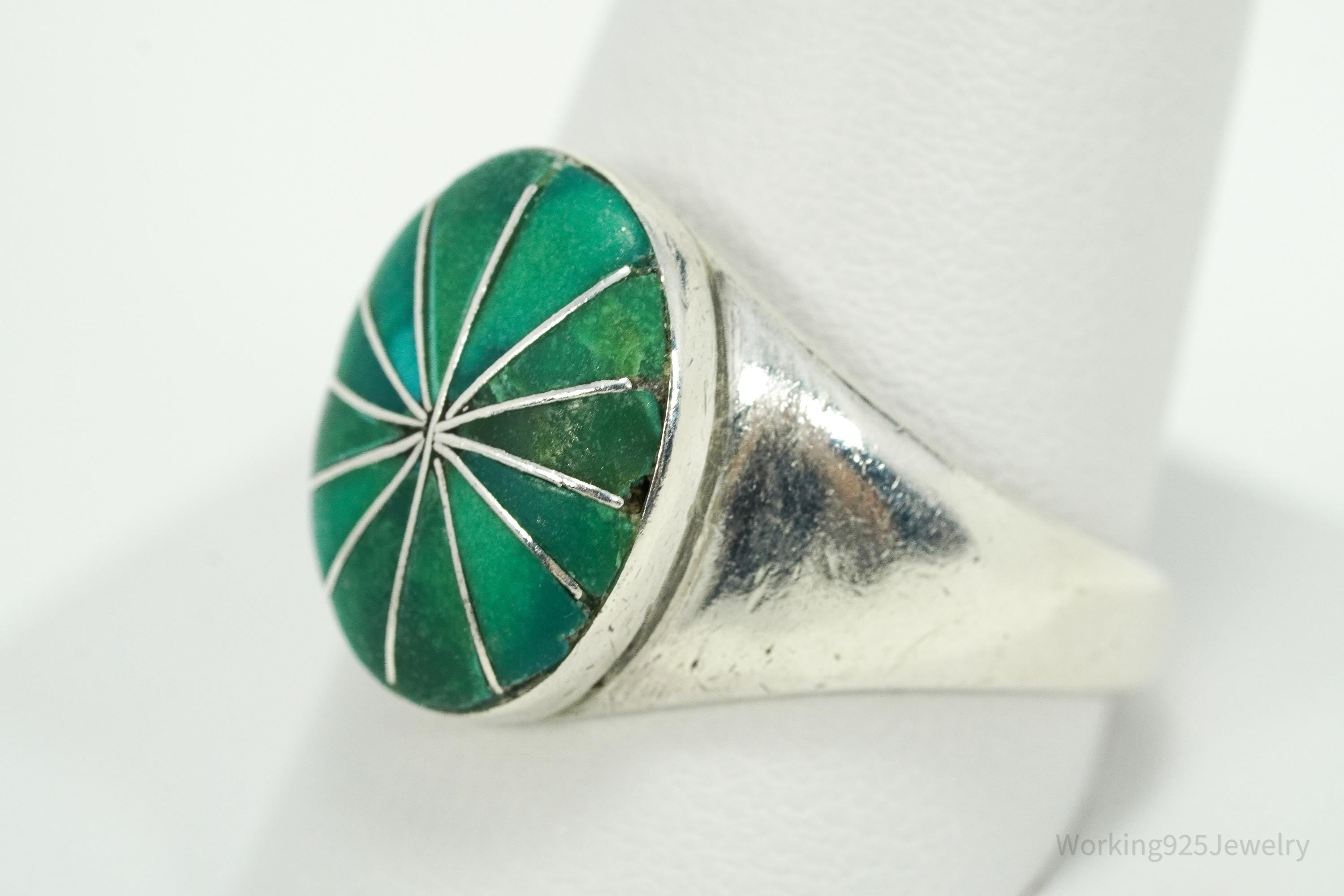 Vintage Handmade Native American Turquoise Inlay Silver Ring - Size 11.25