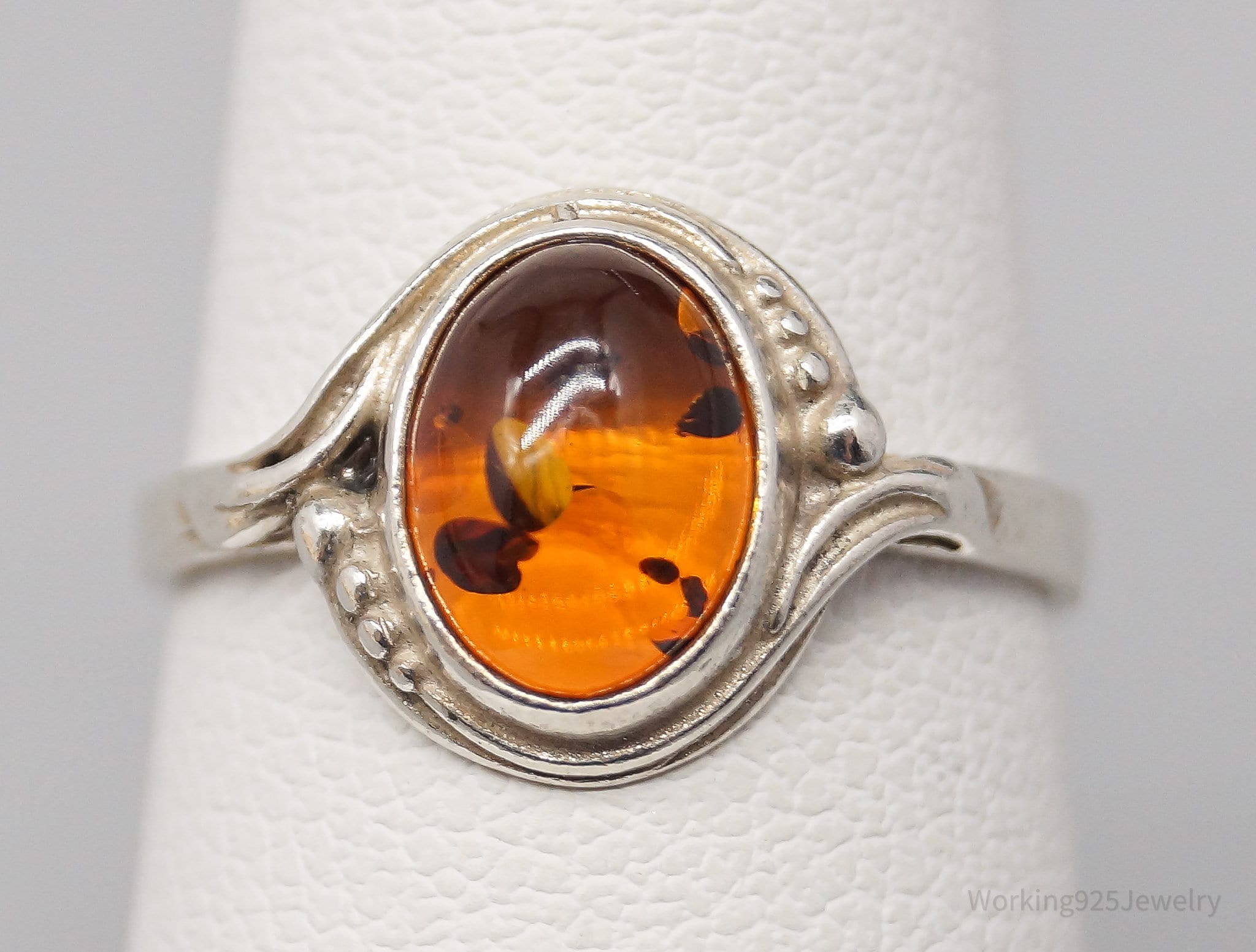 Vintage Amber Modernist Sterling Silver Ring - Size 4.75