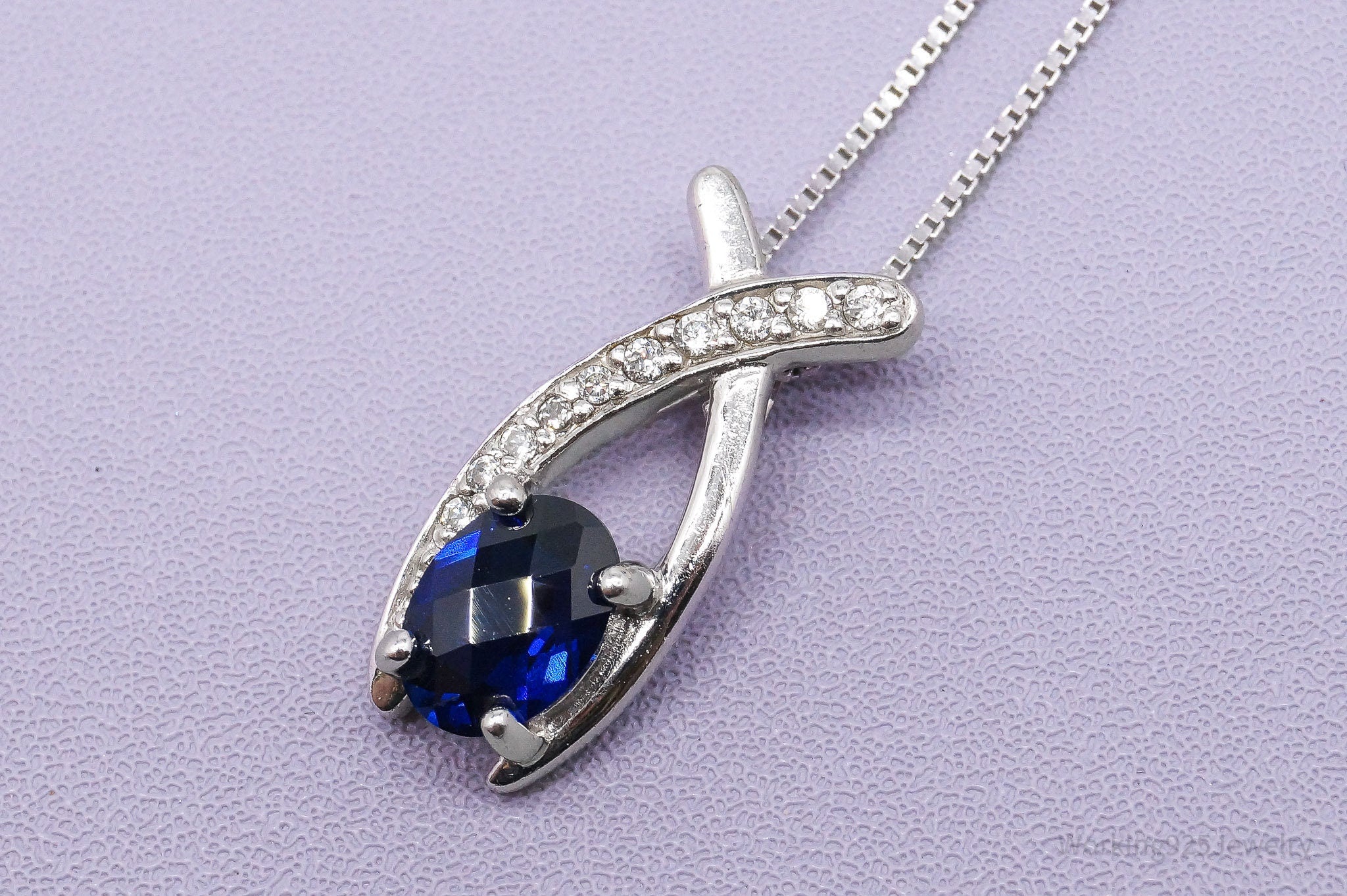 Vintage Lab Sapphire & Cubic Zirconia Sterling Silver Necklace 18"