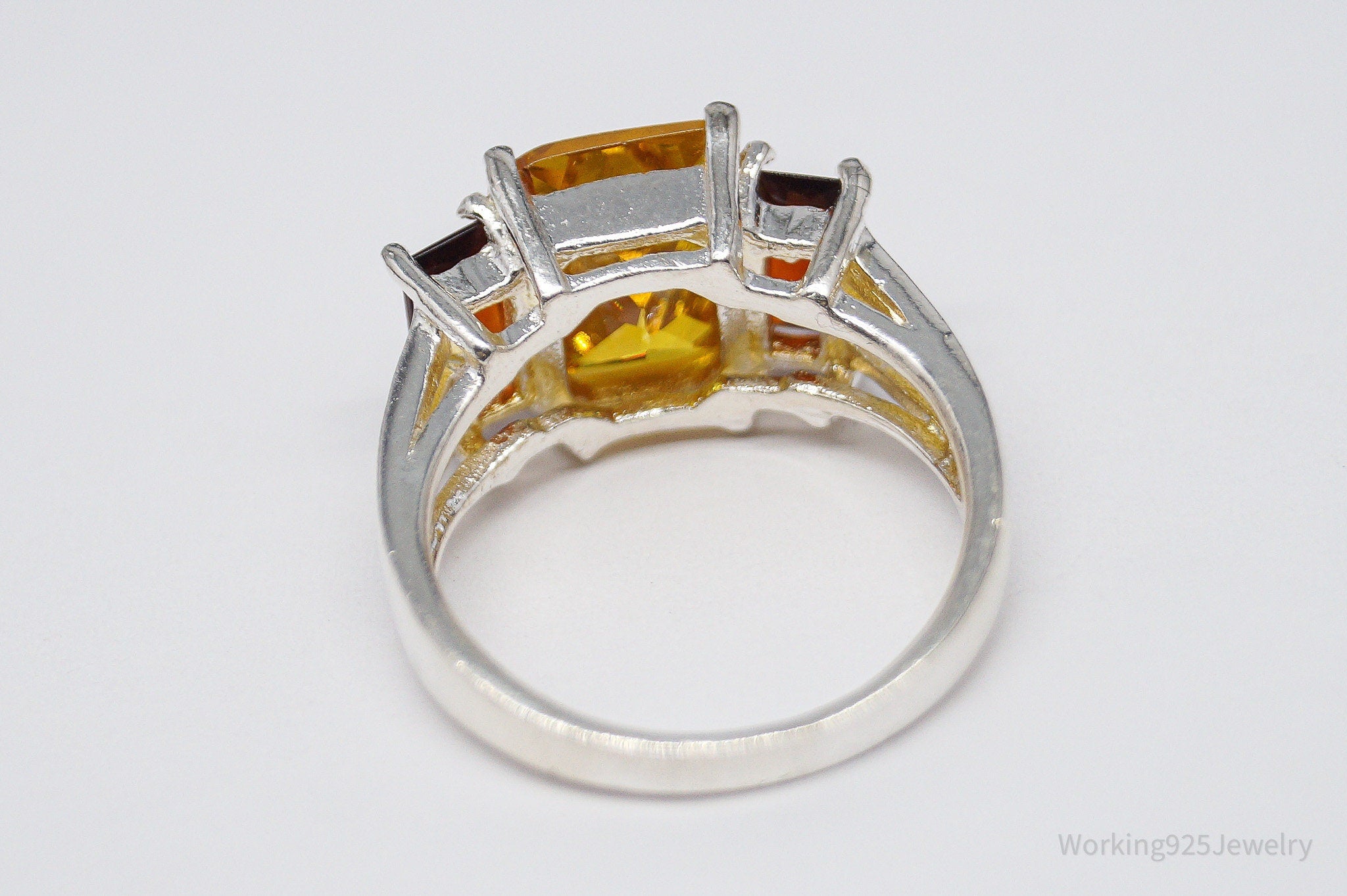 Vintage Large Yellow Tourmaline & Faux Amber Stone Sterling Silver Ring - Size 6.5