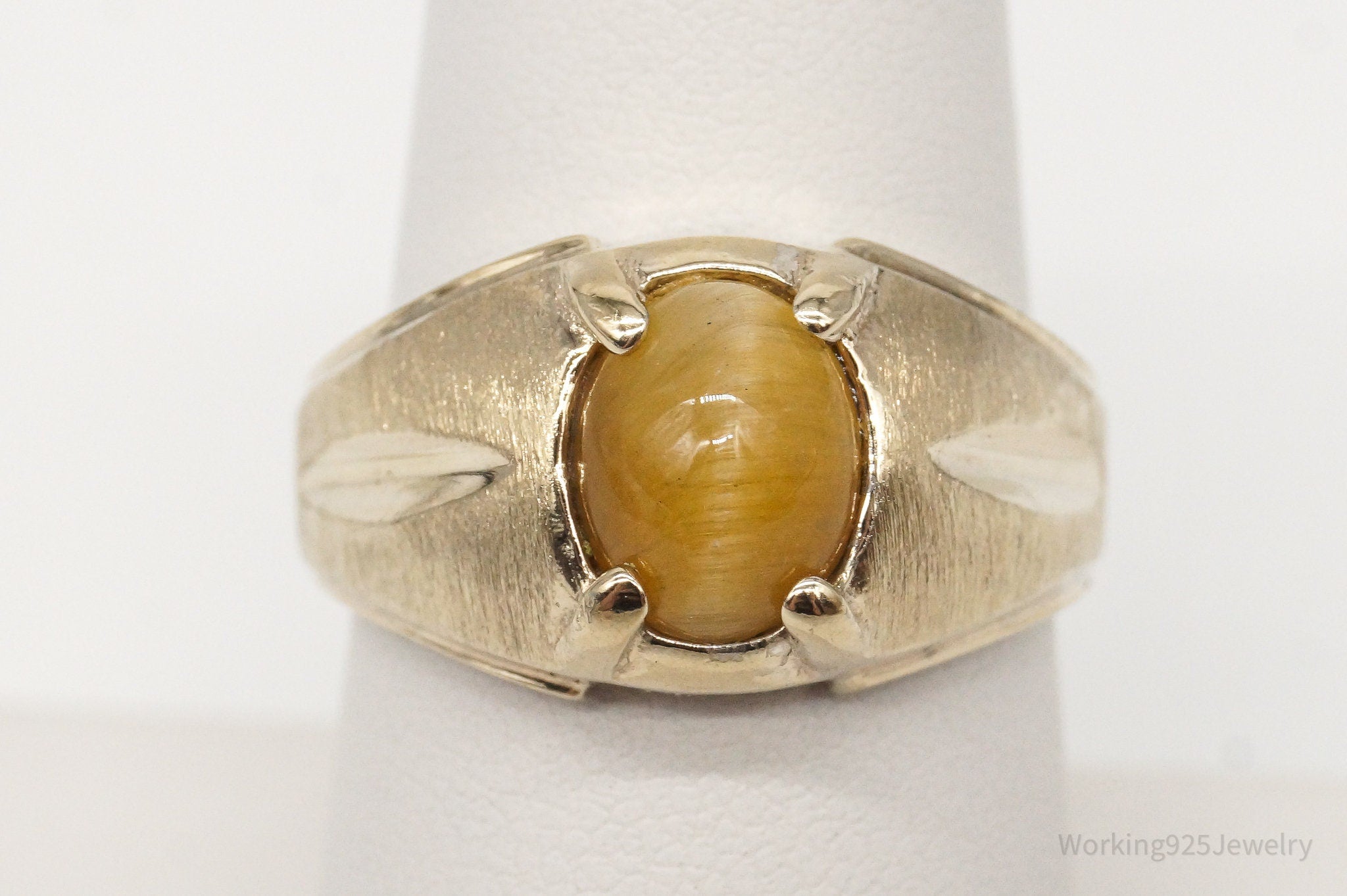 Vintage Yellow Cat's Eye Apatite Gold Vermeil Sterling Silver Ring Size 7.75