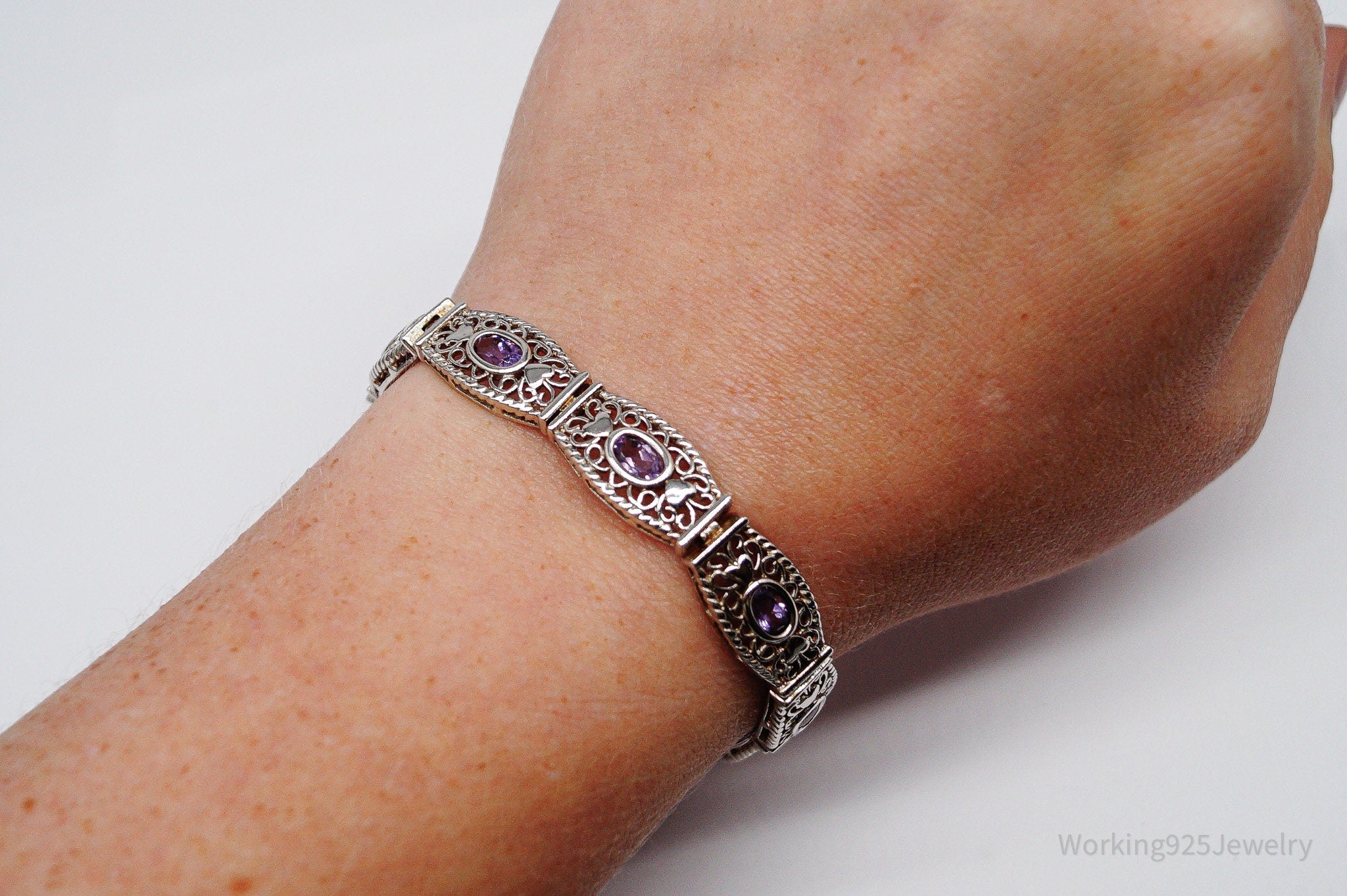 Vintage Purple Amethyst Sterling Silver Bracelet - 7.5"