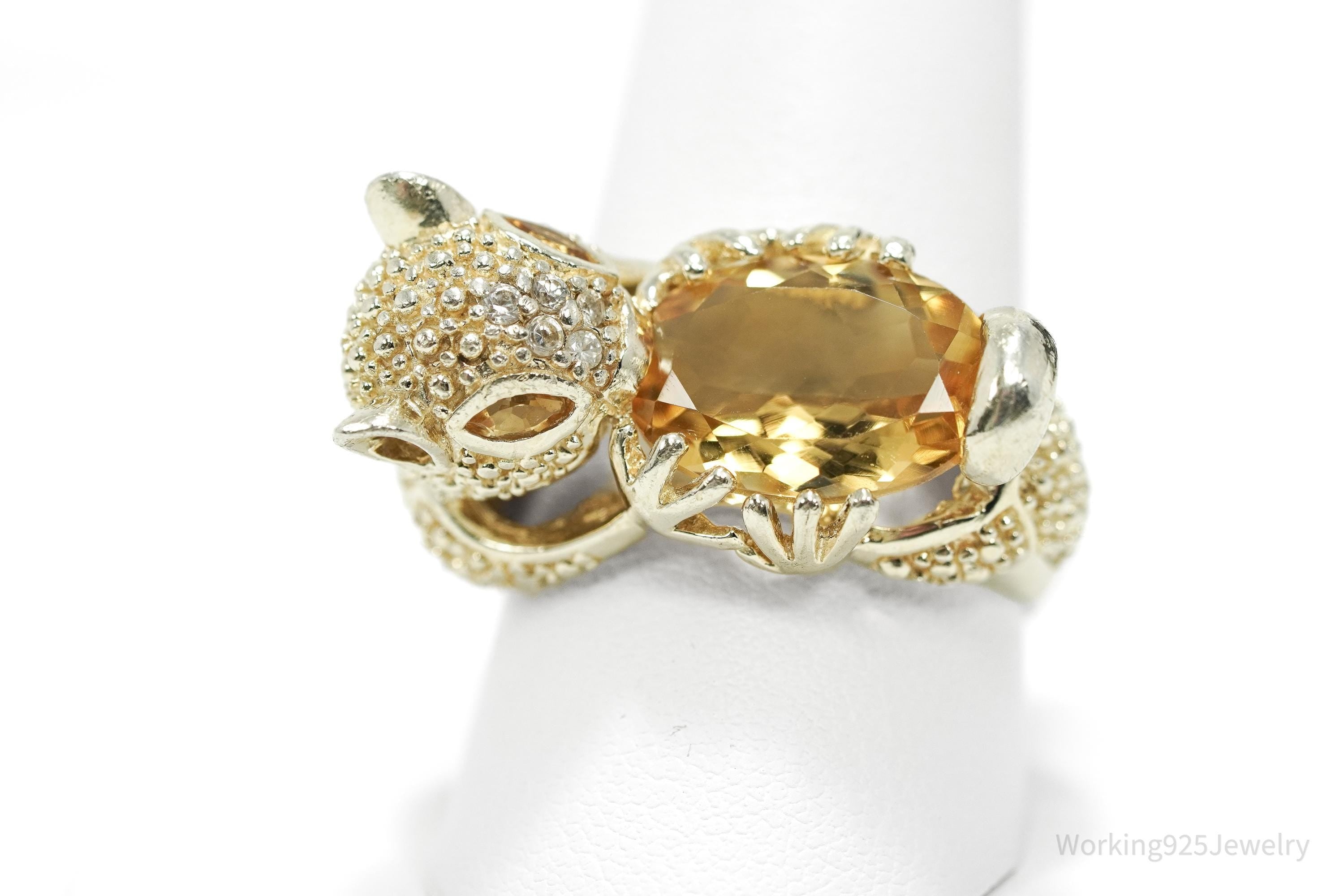 Vintage Citrine & Cubic Zirconia Gold Vermeil Sterling Silver Animal Ring - Size 10