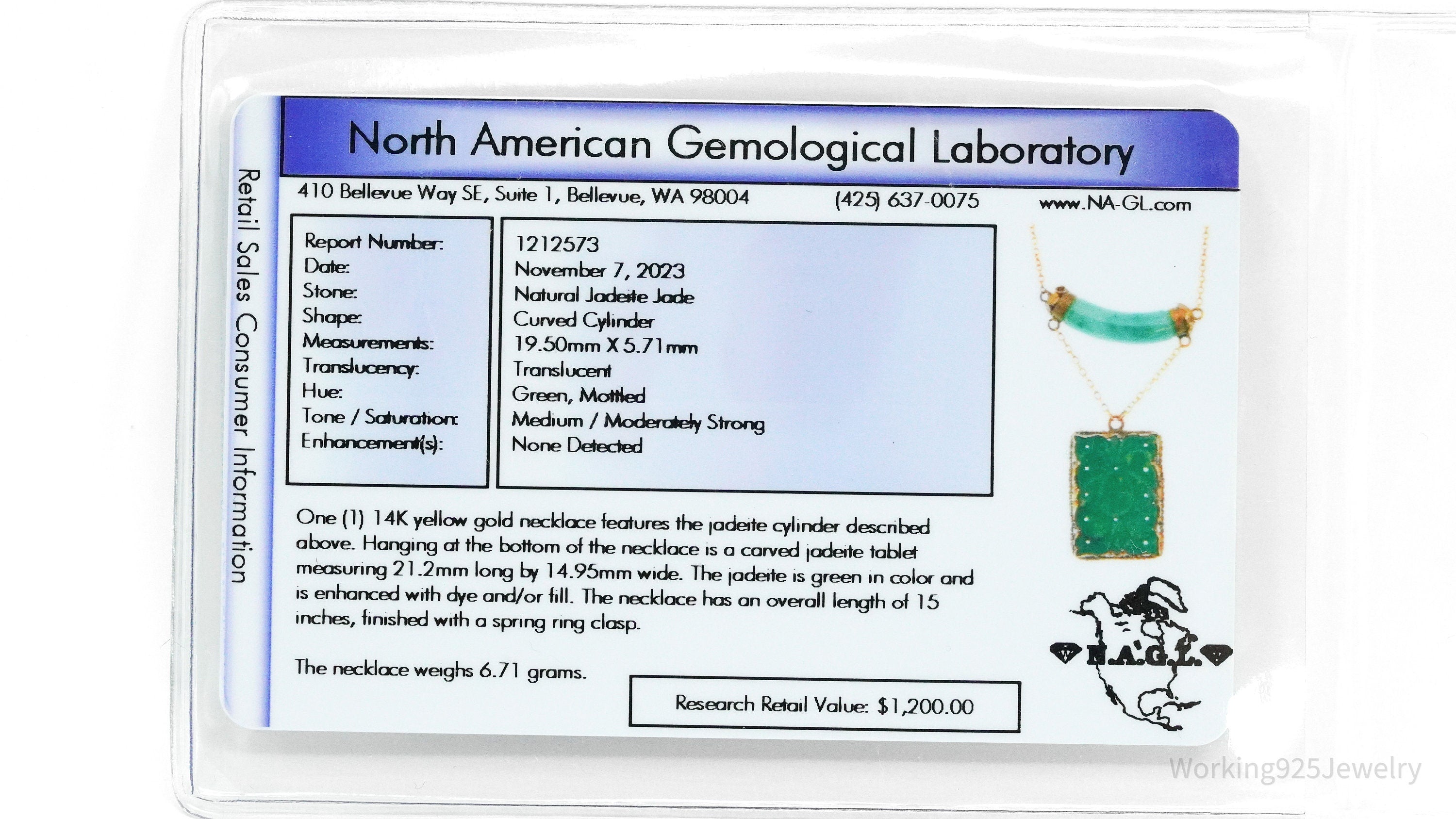 14K Yellow Gold & Carved Jadeite Jade Tablet Necklace 15"