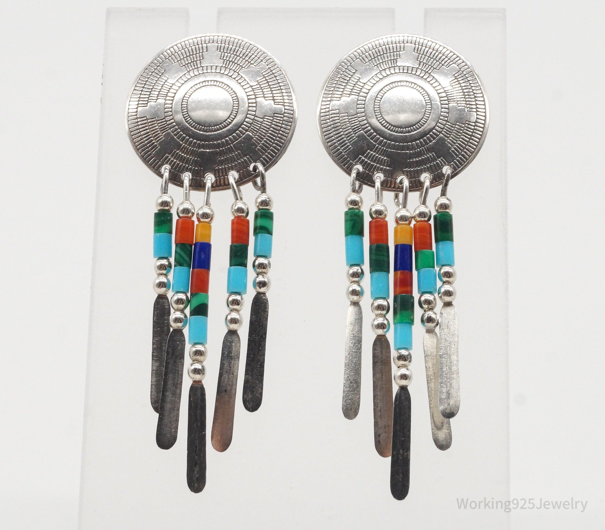 Vintage Native American Multi Gem Bead Sterling Silver Earrings