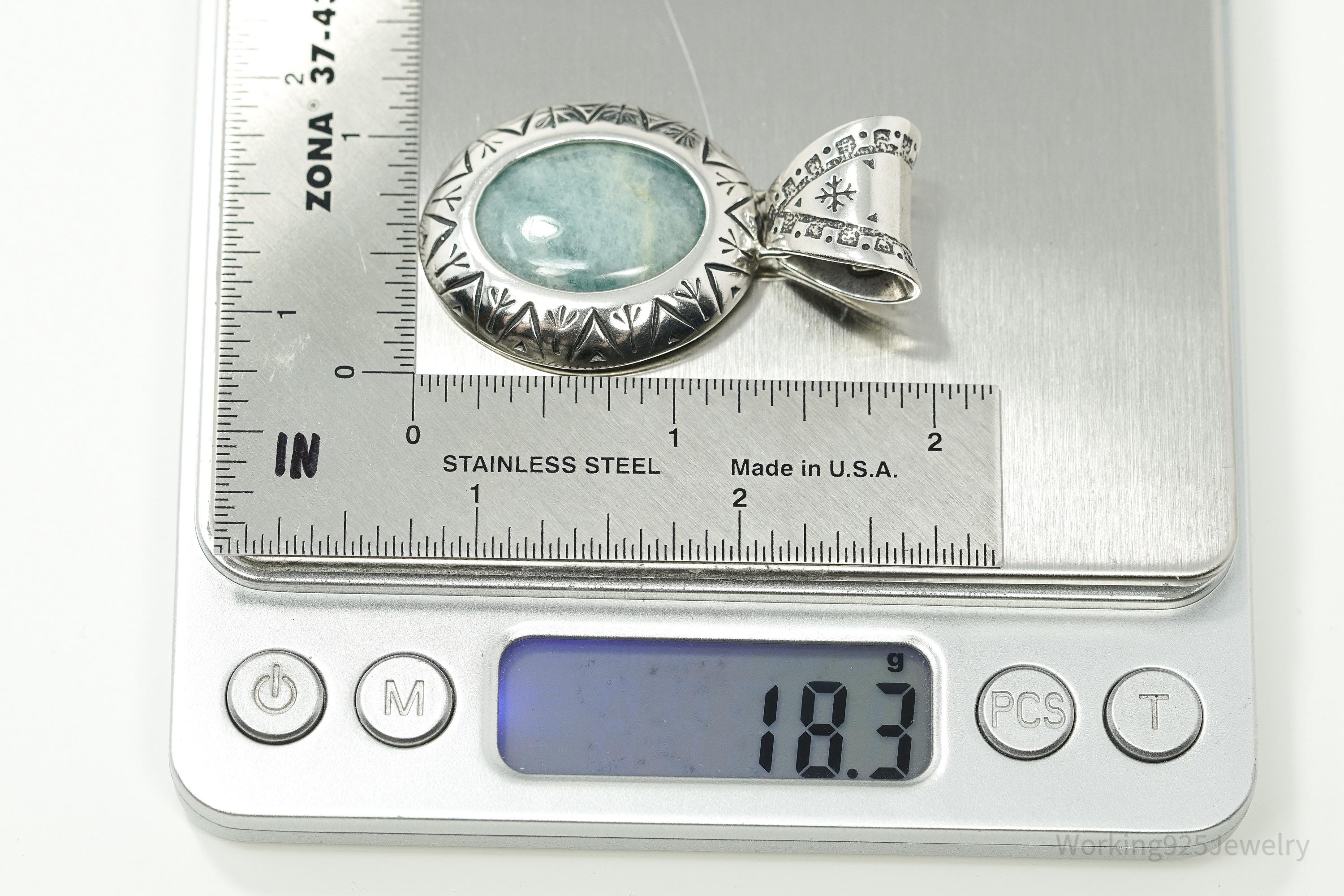 Large Vintage Carolyn Pollack Relios Milky Aquamarine Sterling Silver Pendant 2"