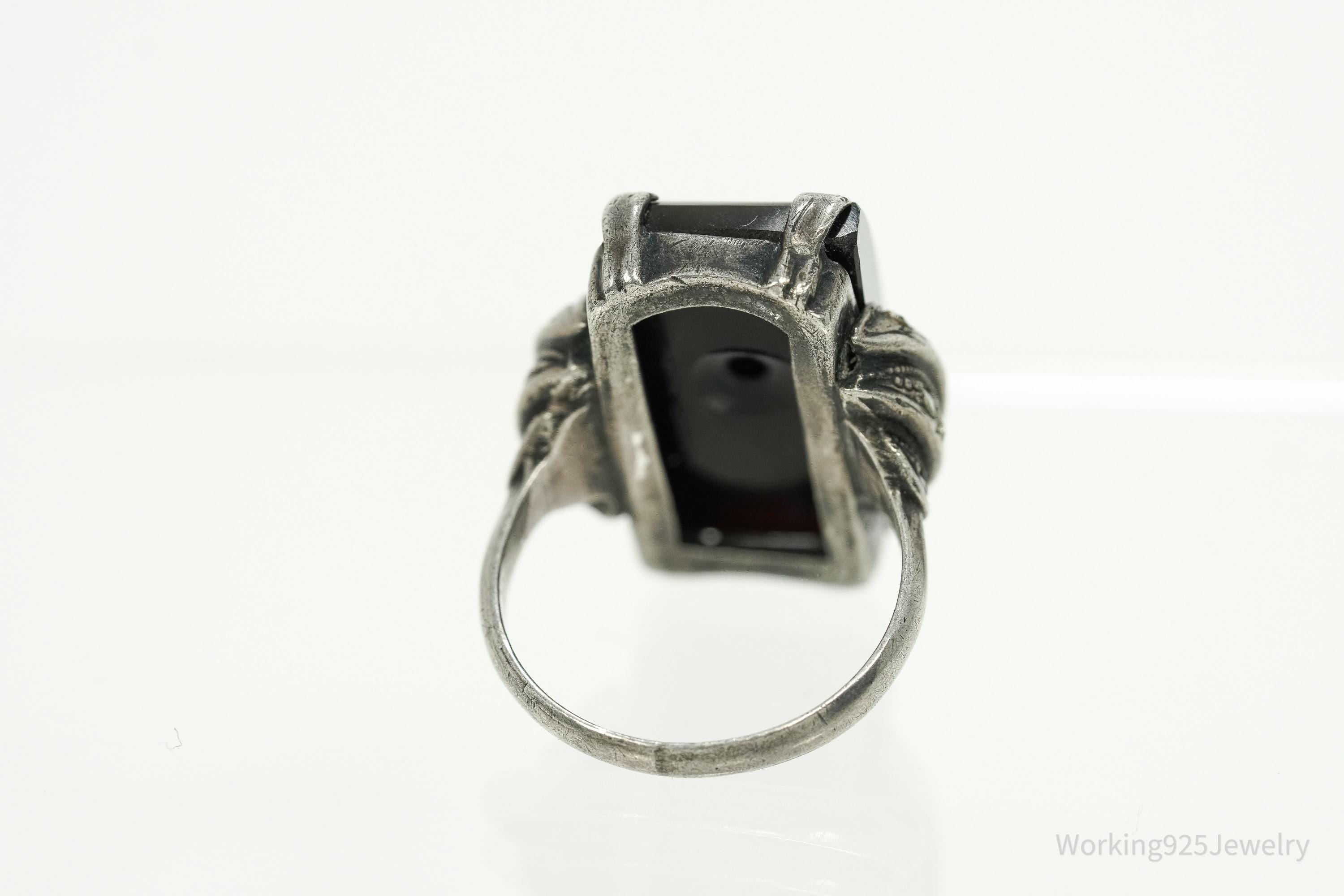 Antique Art Deco Black Onyx & Marcasite Sterling Silver Ring - Size 4.5
