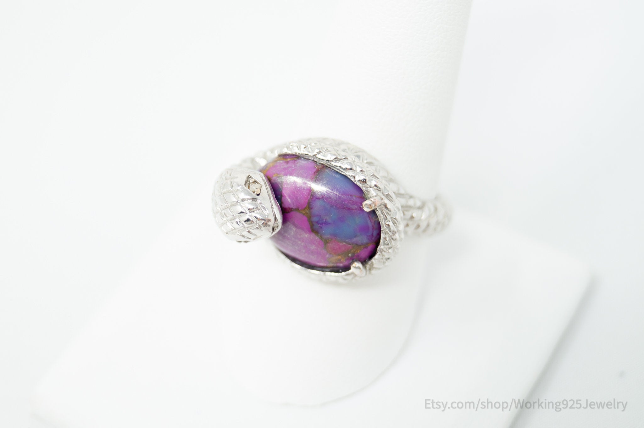 Vtg Designer Karis Snake Purple Mojave Turquoise Sterling Silver Ring - Size 9
