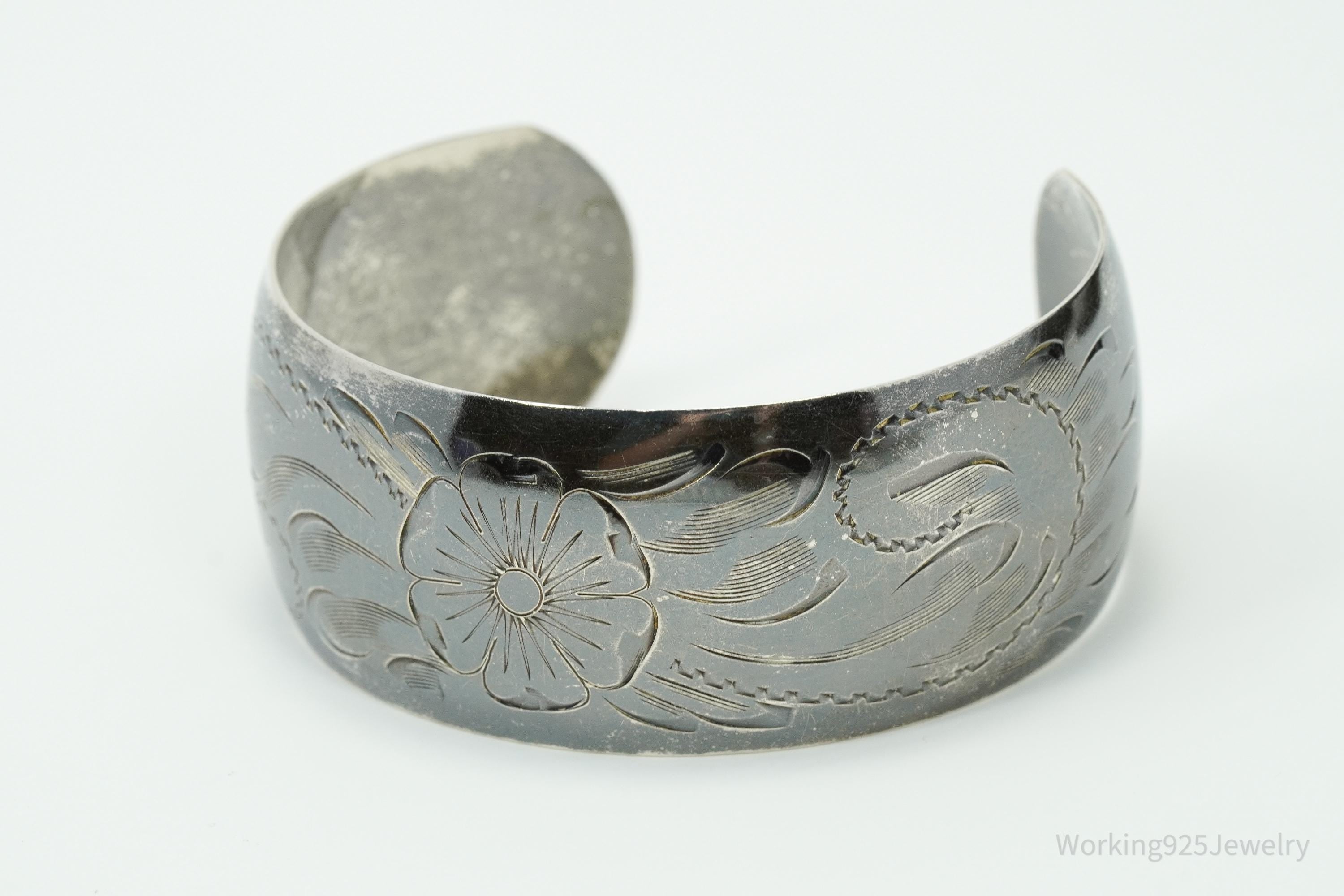 Antique Art Nouveau Floral Etched Sterling Silver Cuff Bracelet - 7 5/8"