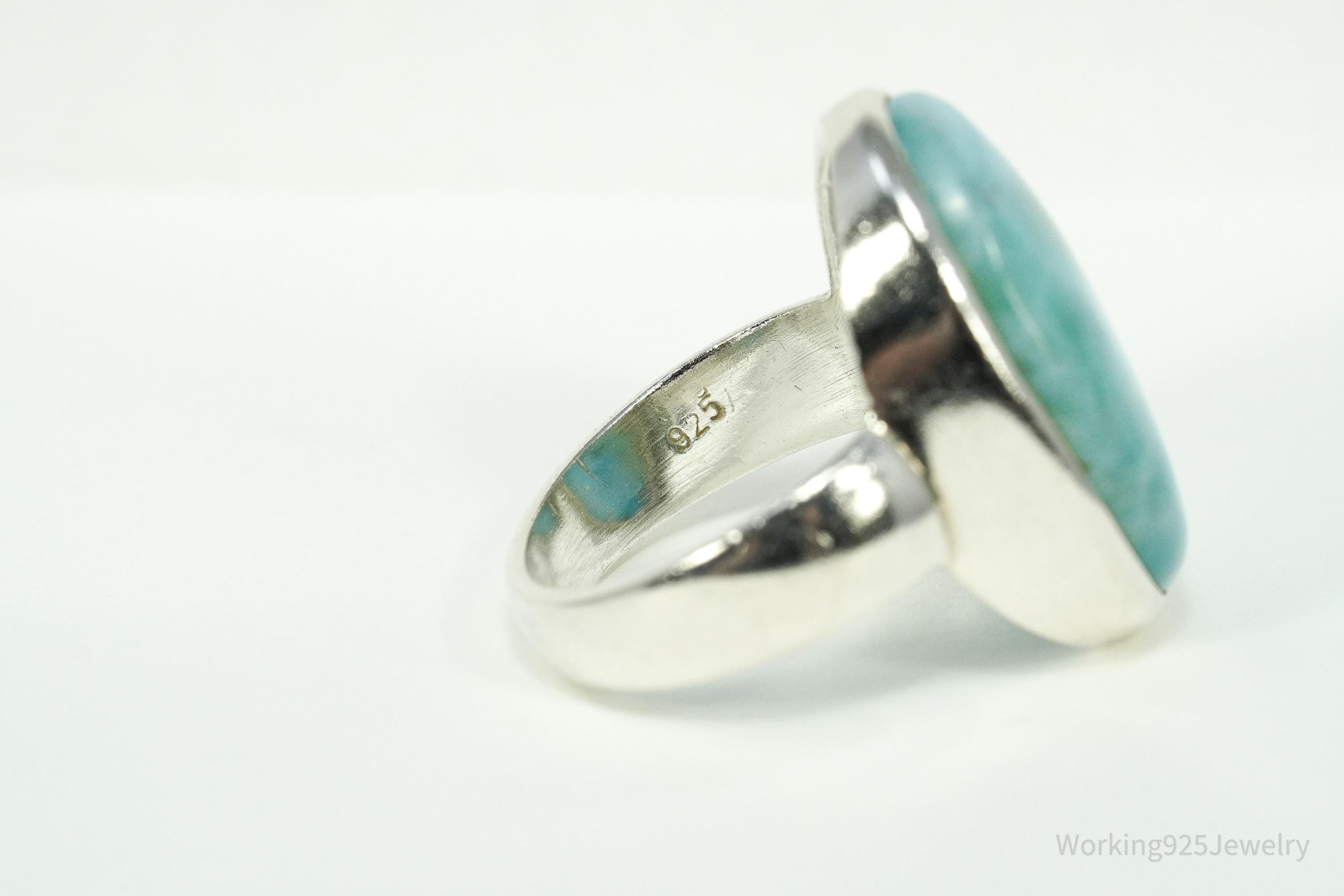 Vintage Large Blue Larimar Sterling Silver Ring - Size 9