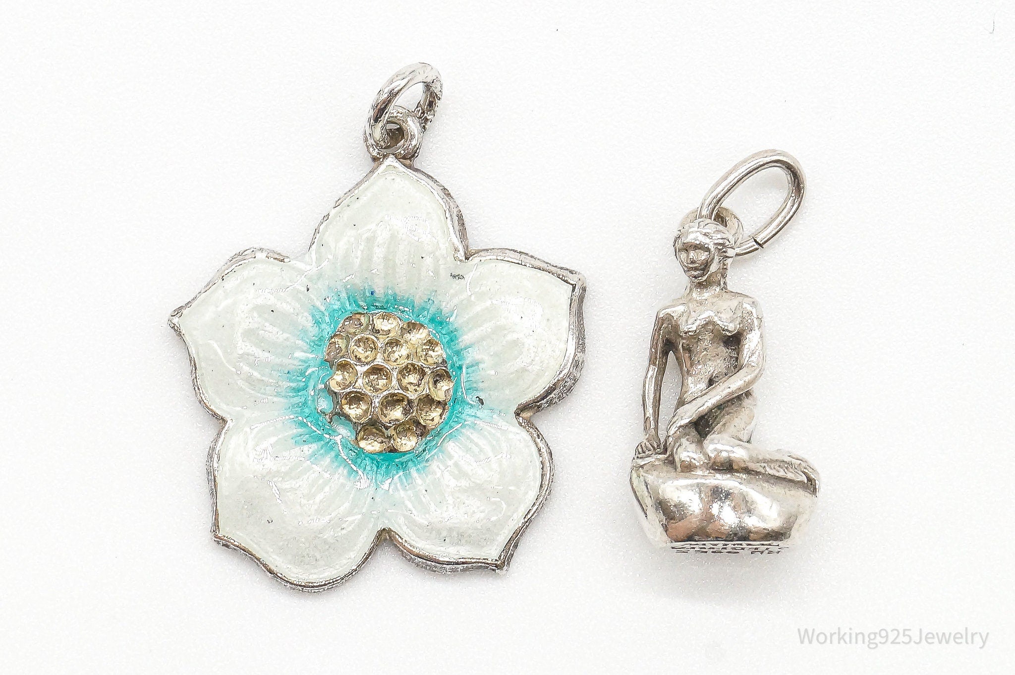 Vintage Modernist Enamel Flower Little Mermaid Sterling Silver Pendants