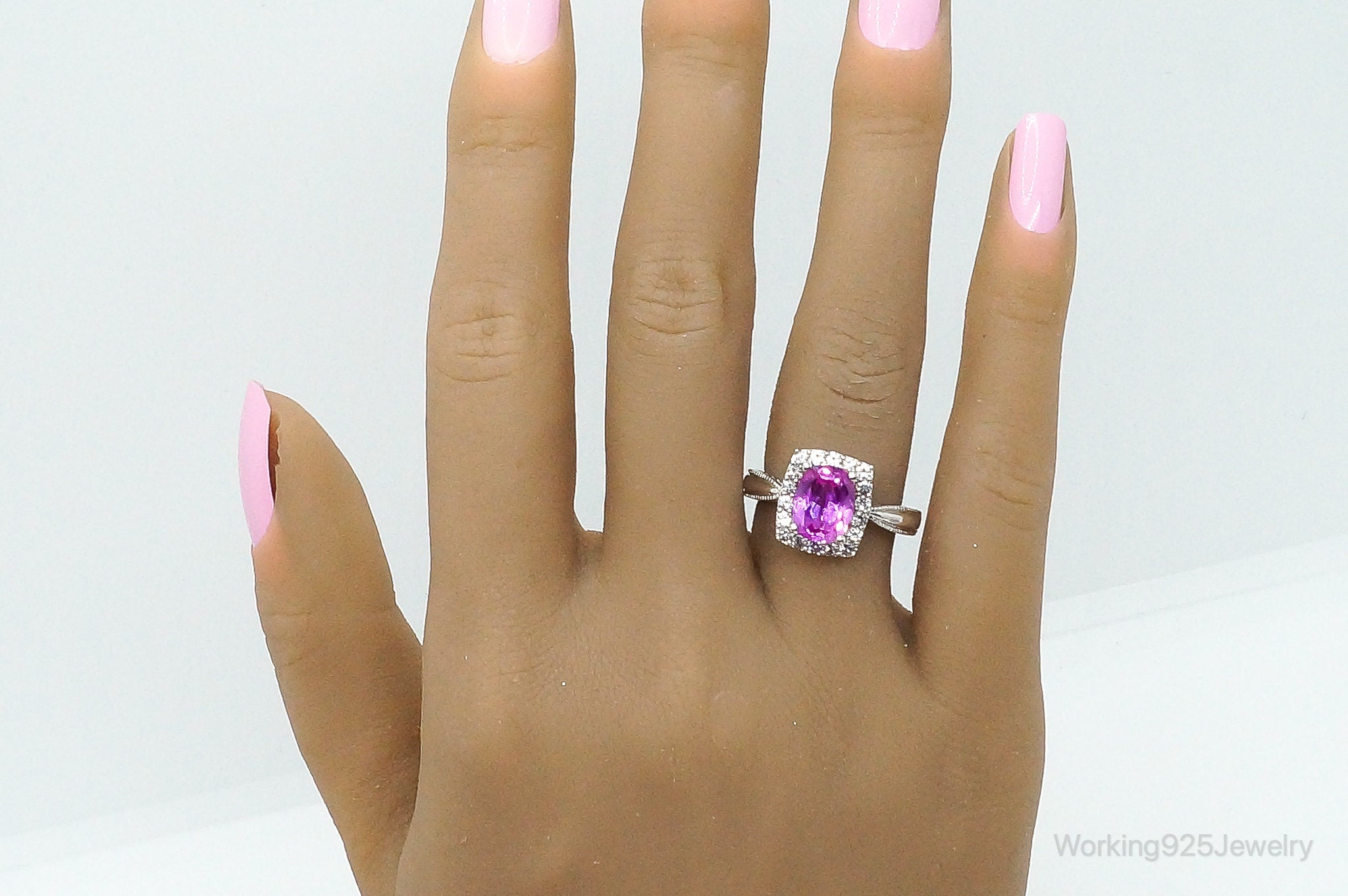 Fuchsia Tourmaline Cubic Zirconia "Mom" Sterling Silver Ring - Size 6.75