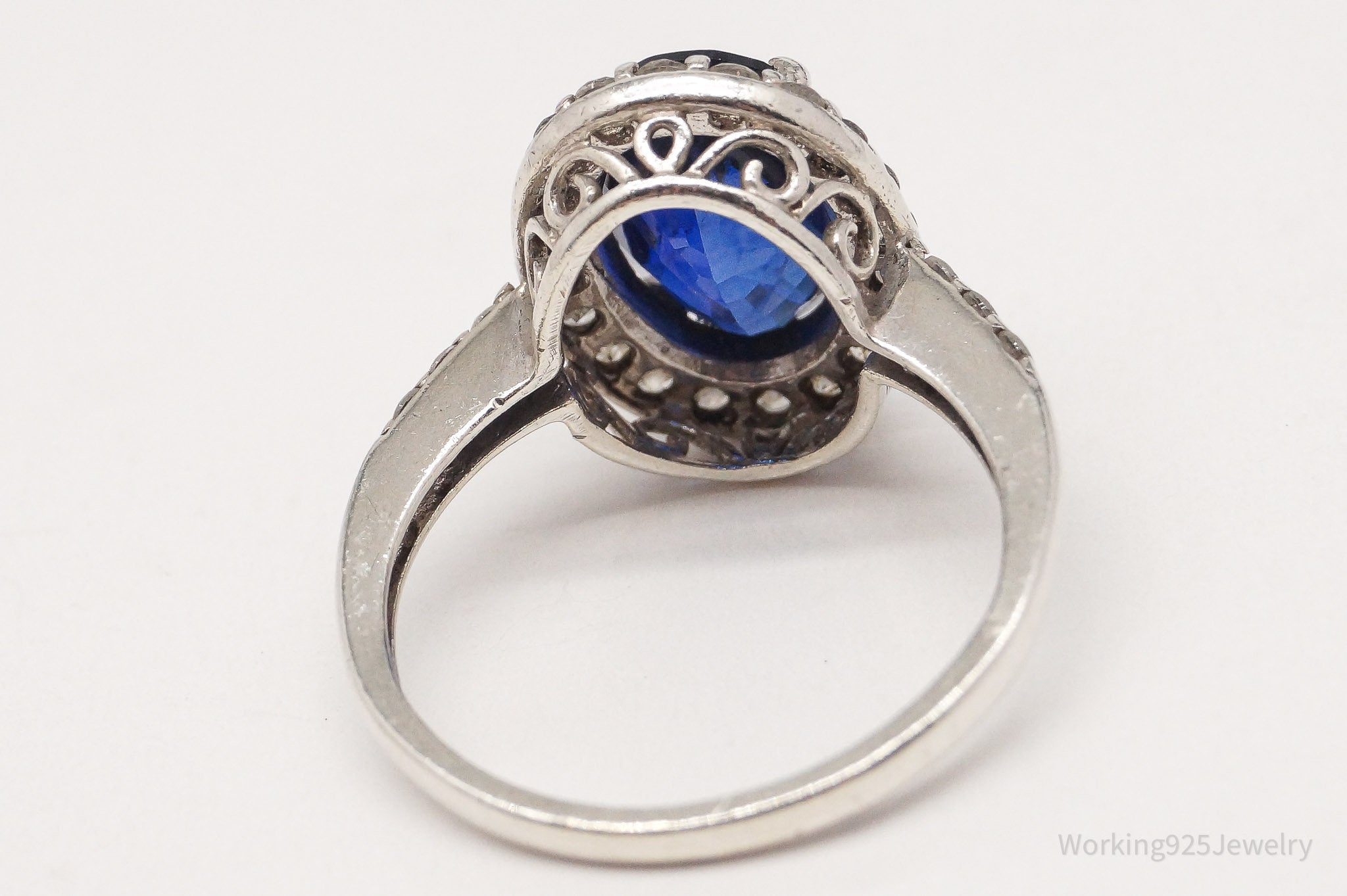 Vintage Blue & White Lab Sapphire Sterling Silver Ring - Size 7.5