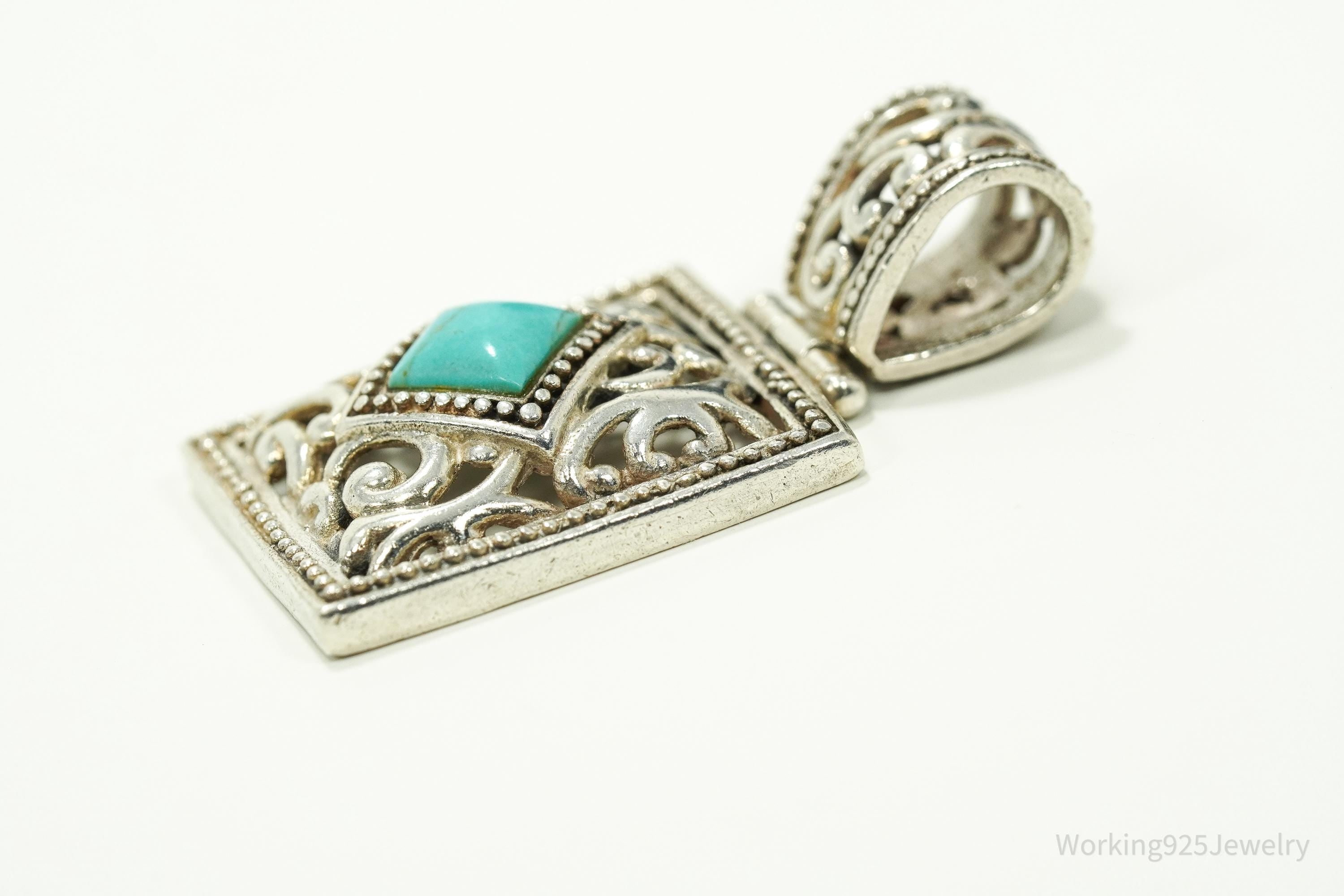 Large Vintage Turquoise Filigree Sterling Silver Necklace Pendant 1 5/8"