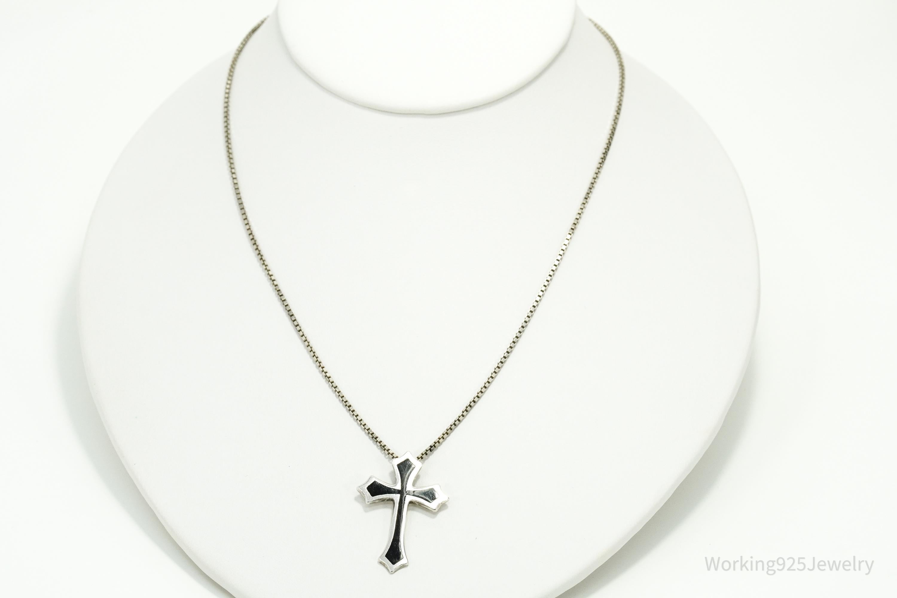 Vintage Black Enamel Inlay Sterling Silver Cross Necklace - 19"