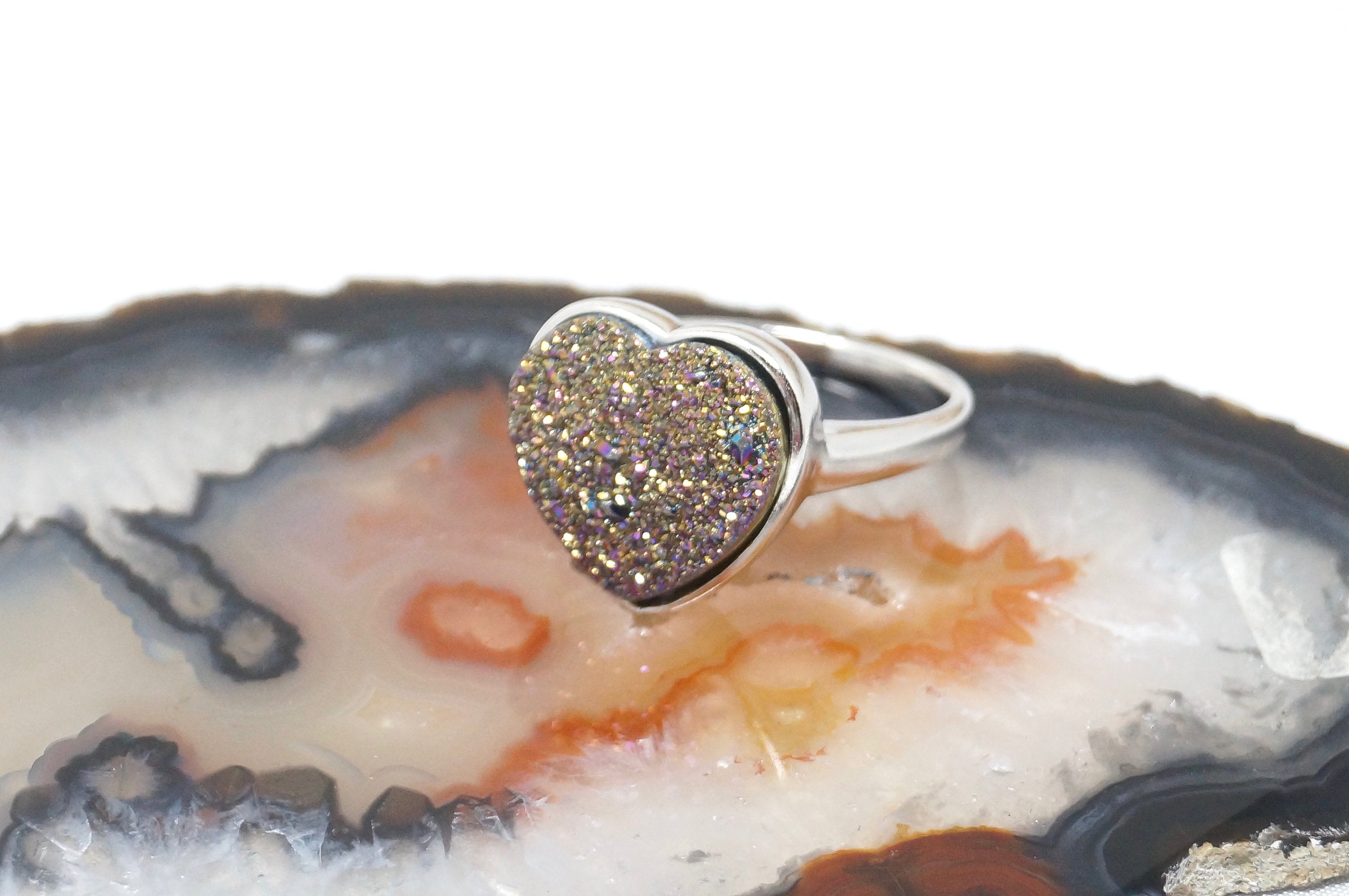 Vintage Rainbow Druzy Quartz Heart Statement Ring Sterling Silver - Size 9