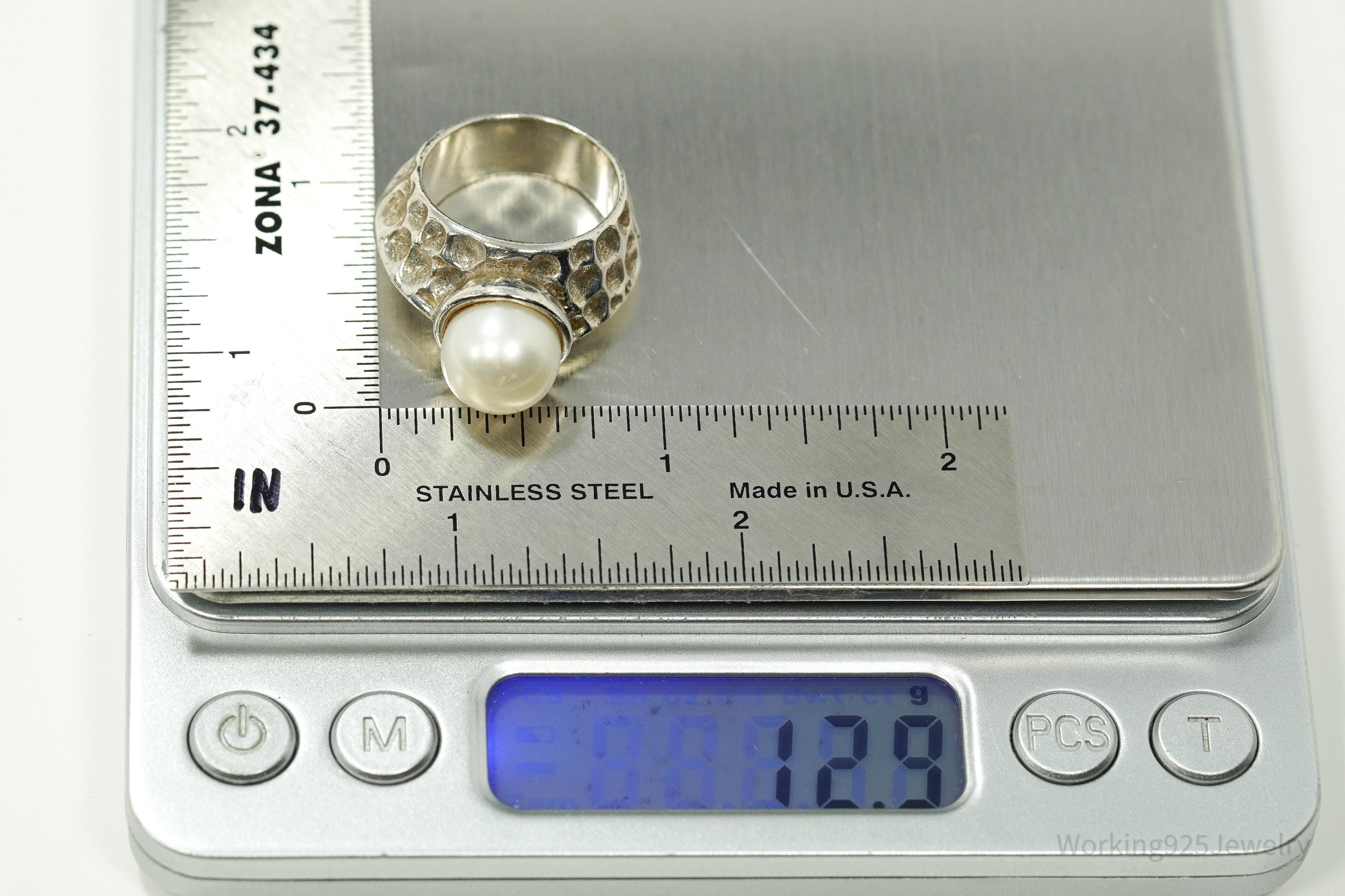 Vintage Pearl Modernist Style Sterling Silver Ring - Size 7.25