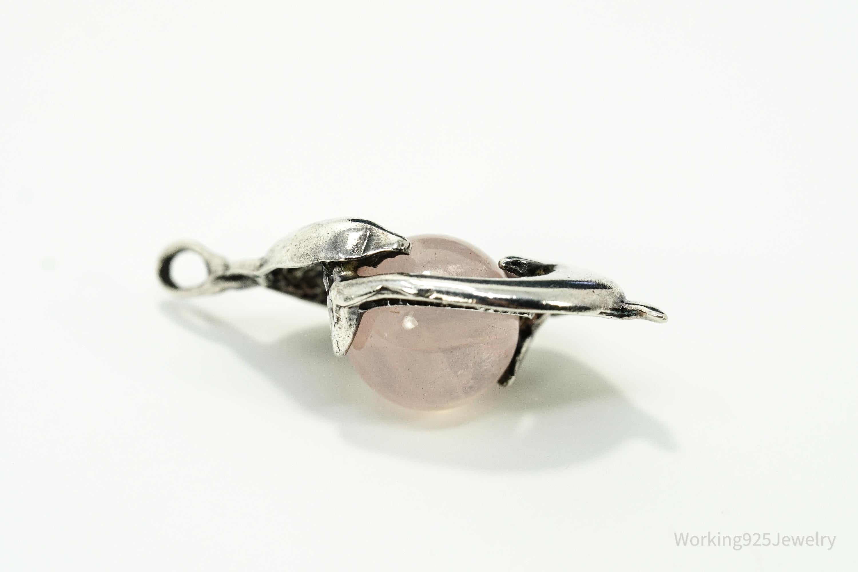 Vintage Rose Quartz & Dolphins Silver Necklace Pendant