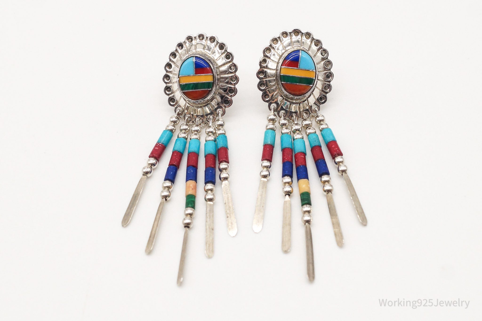 Vintage Native American Multi Gem Bead Sterling Silver Earrings