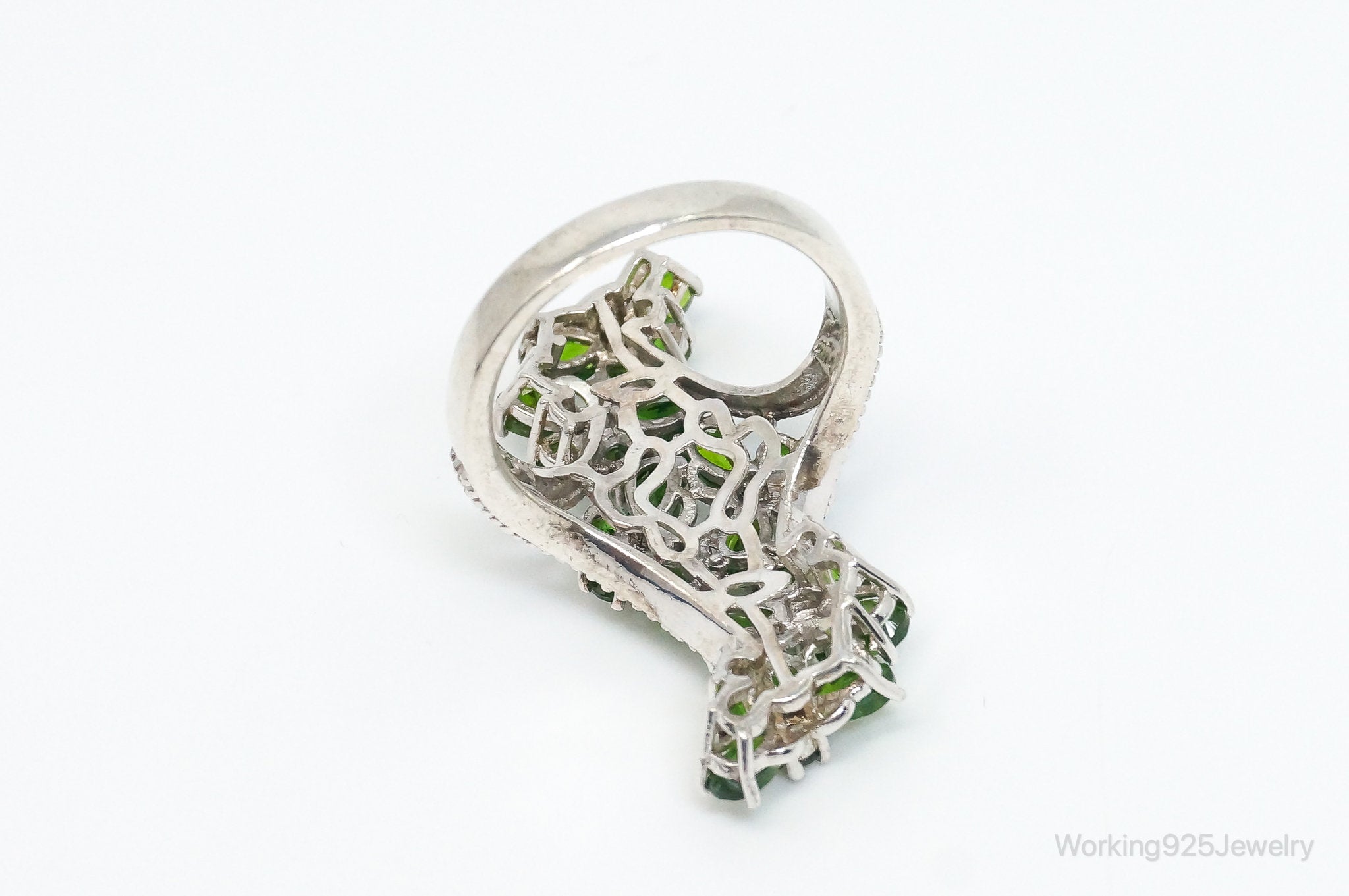 Vintage Long Peridot Butterflies Sterling Silver Ring - Size 10