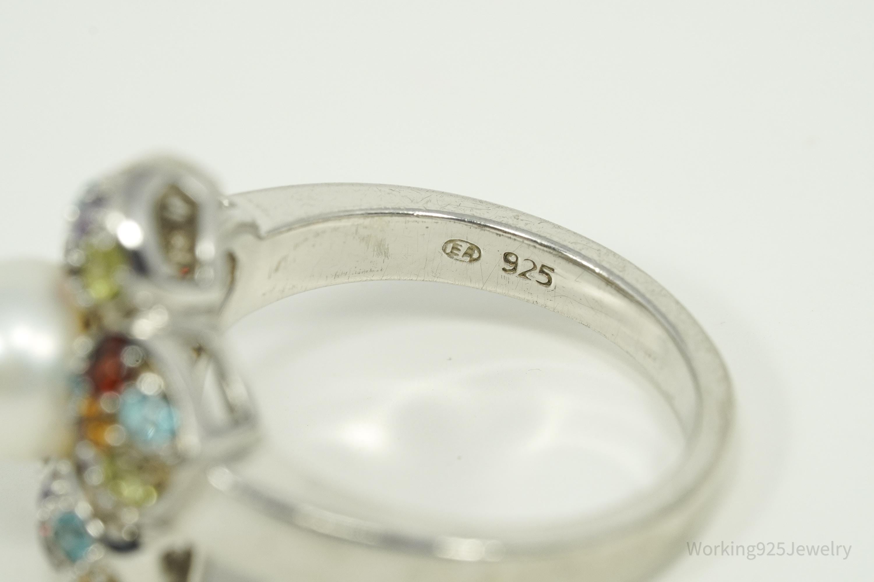 Vintage Designer Pearl & Multi Gem Sterling Silver Ring - Size 8