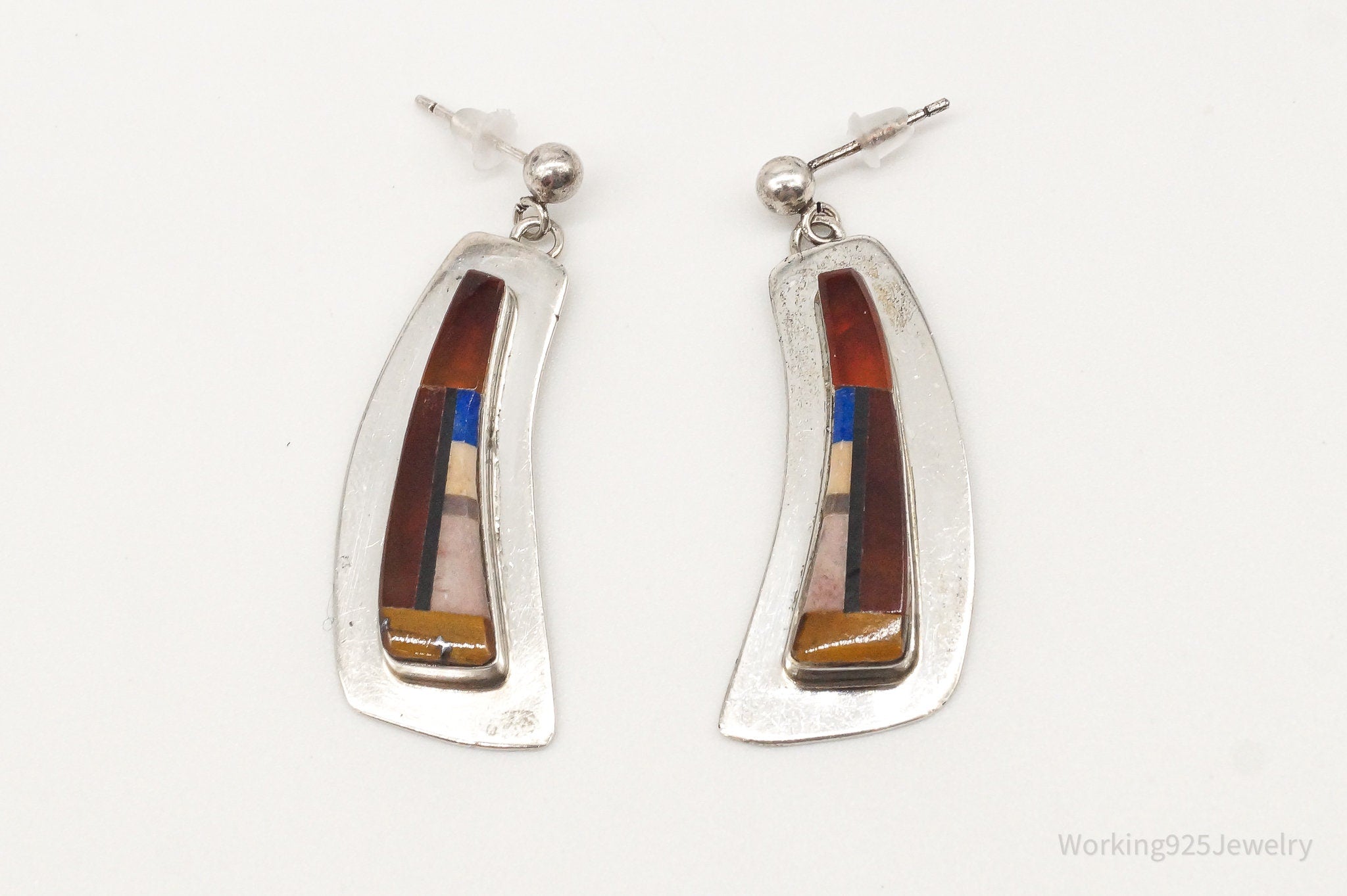 Vintage Native American Multi Gem Inlay Silver Earrings