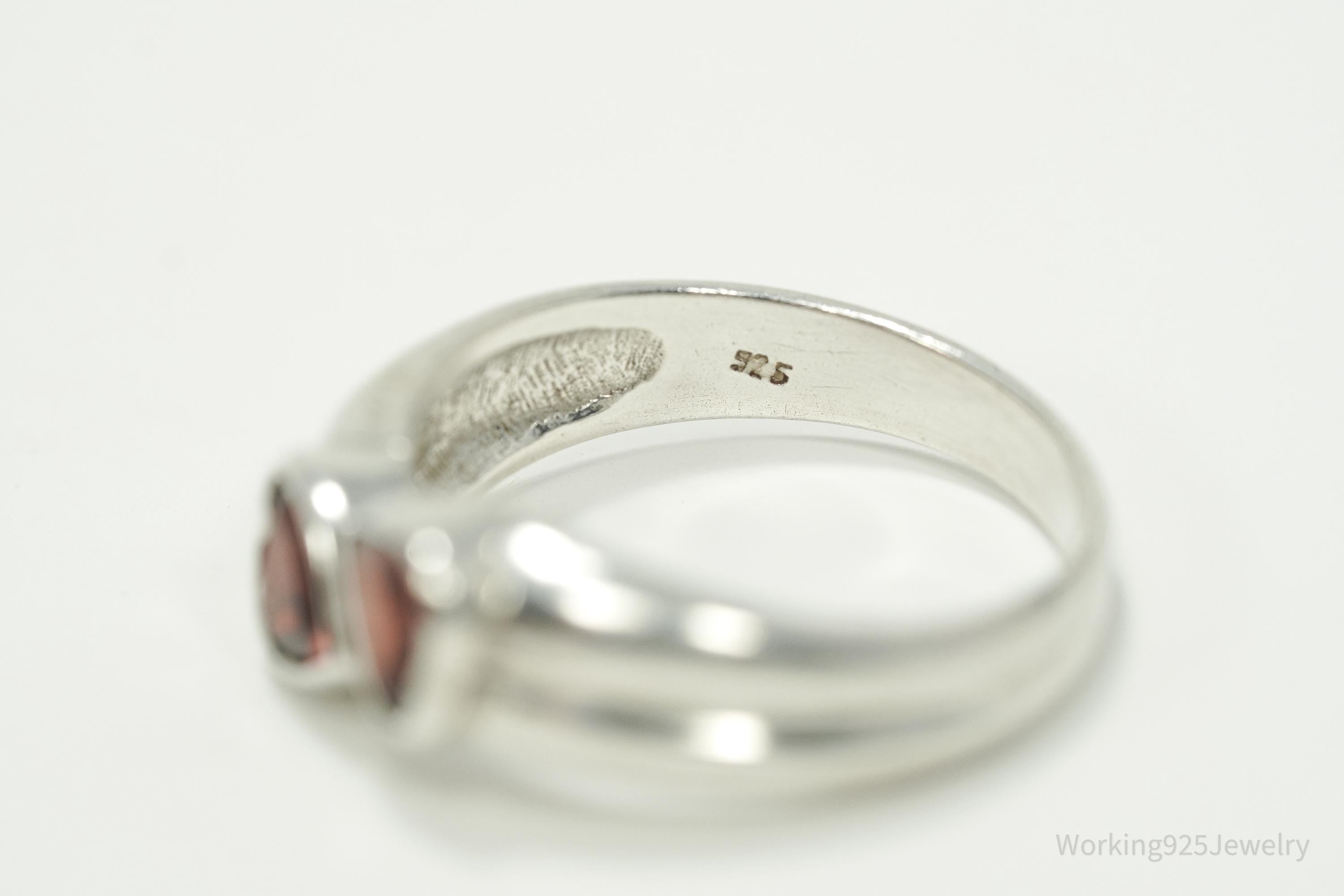 Vintage Garnet Hearts Sterling Silver Ring - Size 7.25