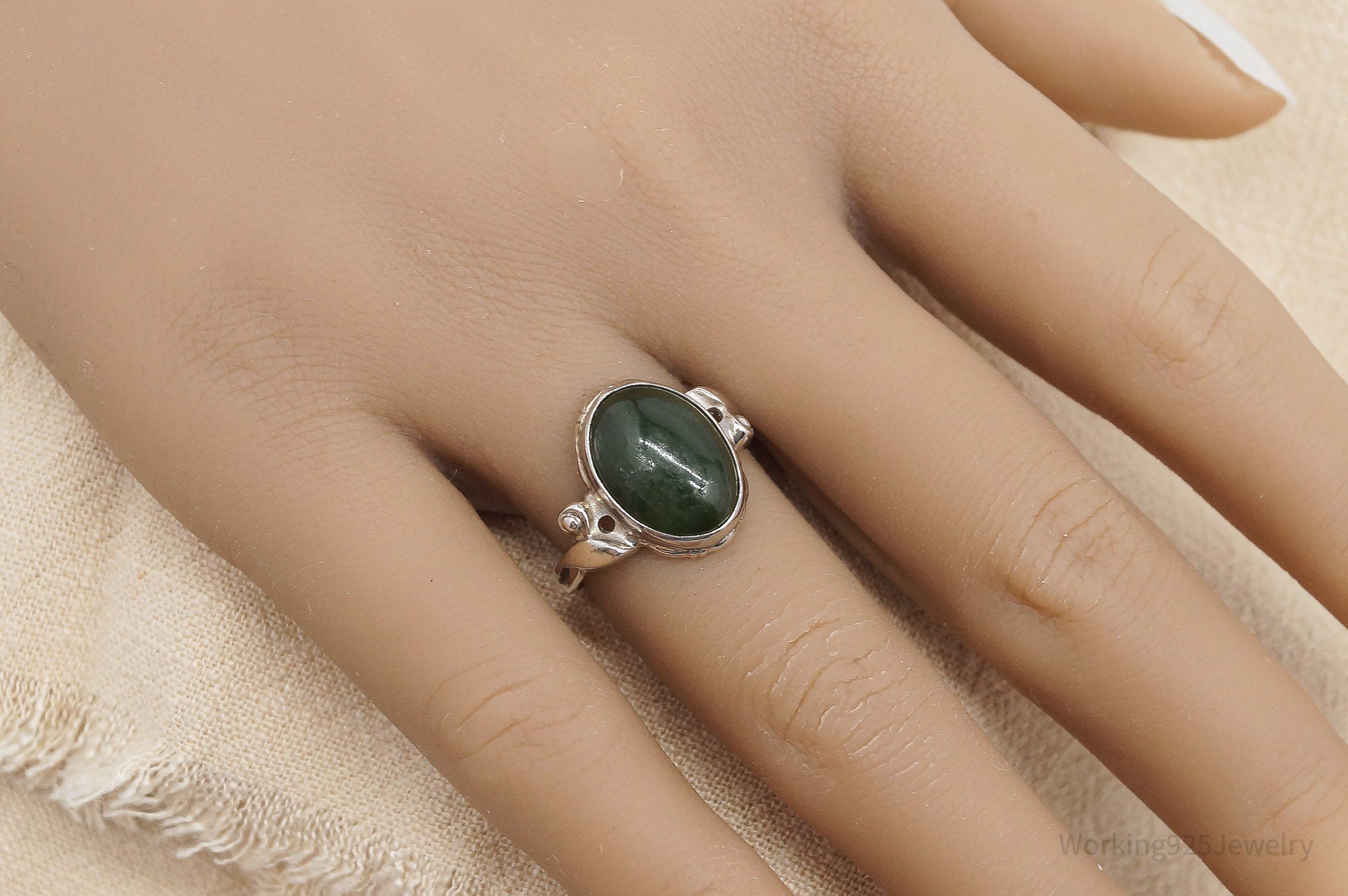 Antique Designer Clark & Coombs Nephrite Jade Sterling Silver Ring - Size 7.75