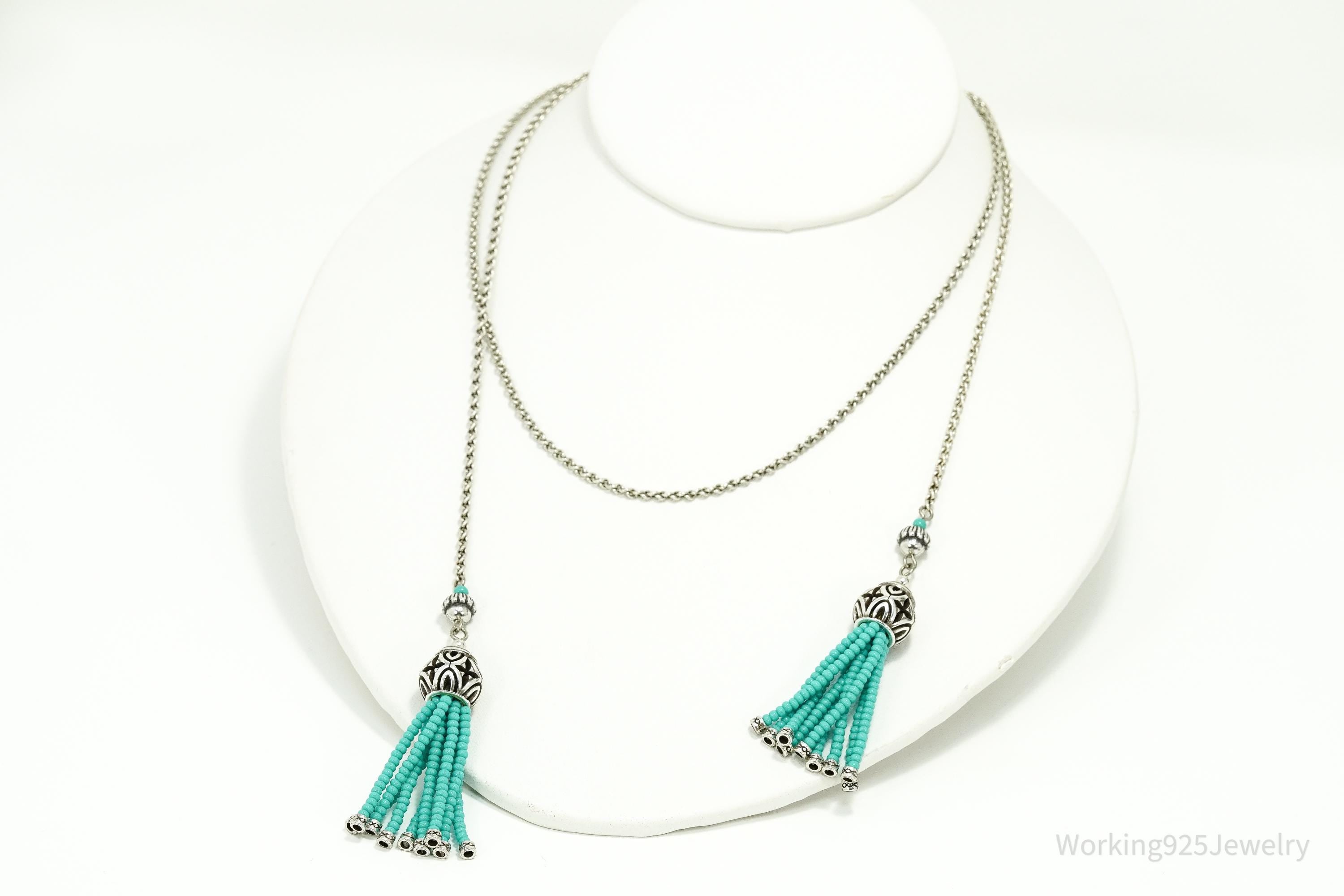 Long Vintage Turquoise Beaded Silver Chain Necklace 44"