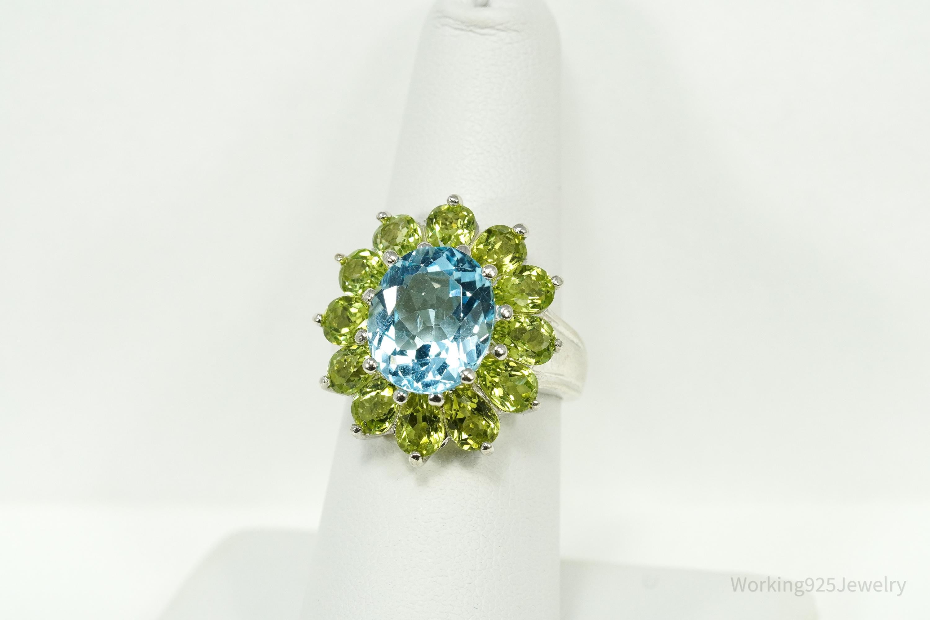 Vintage Blue Topaz & Peridot Sterling Silver Flower Ring - Size 7