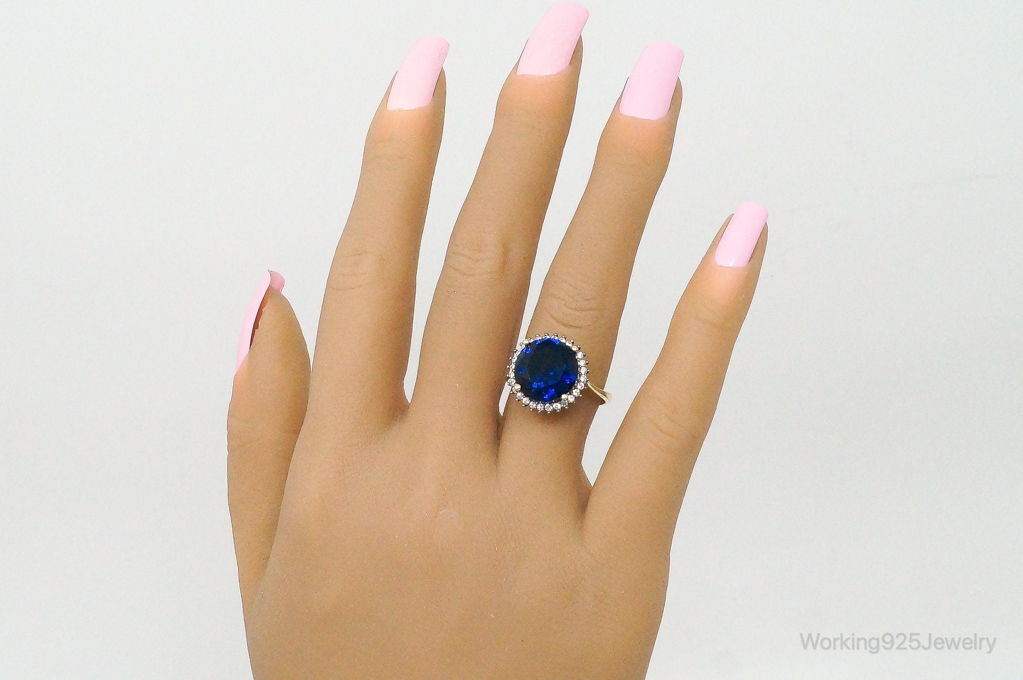 Large Blue Glass Cubic Zirconia Gold Vermeil Sterling Silver Ring - Size 8