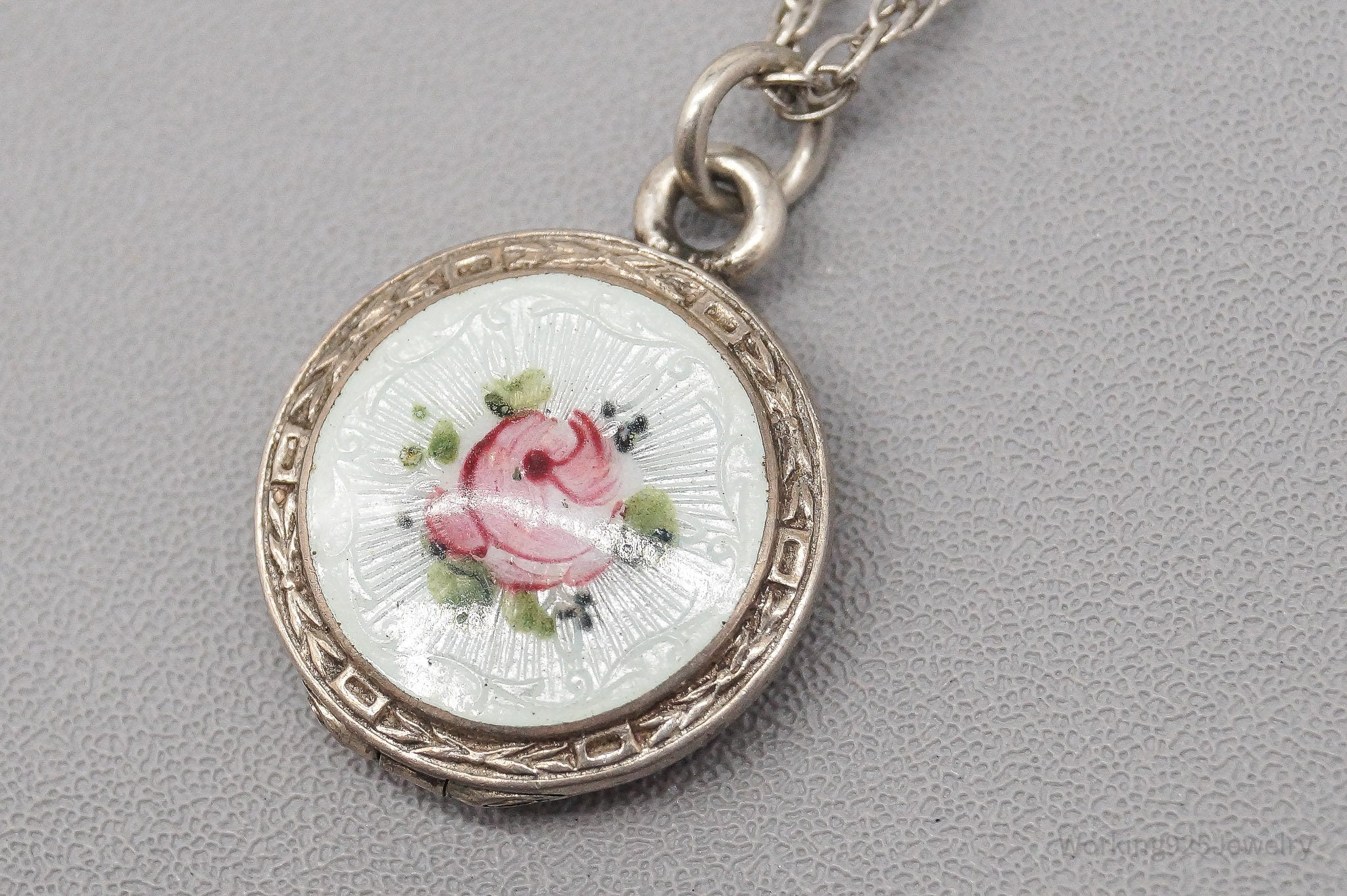 Antique Enamel Rose Locket Gold Washed Sterling Silver Necklace 18"