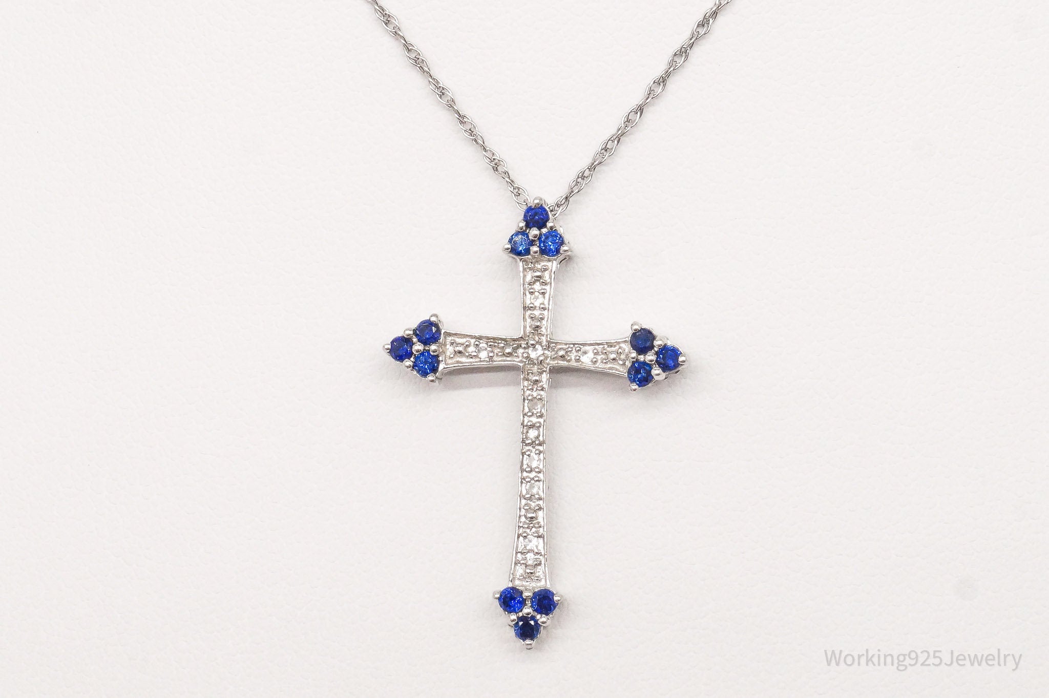 Vintage Lab Sapphire White Topaz Cross Sterling Silver Necklace 18"