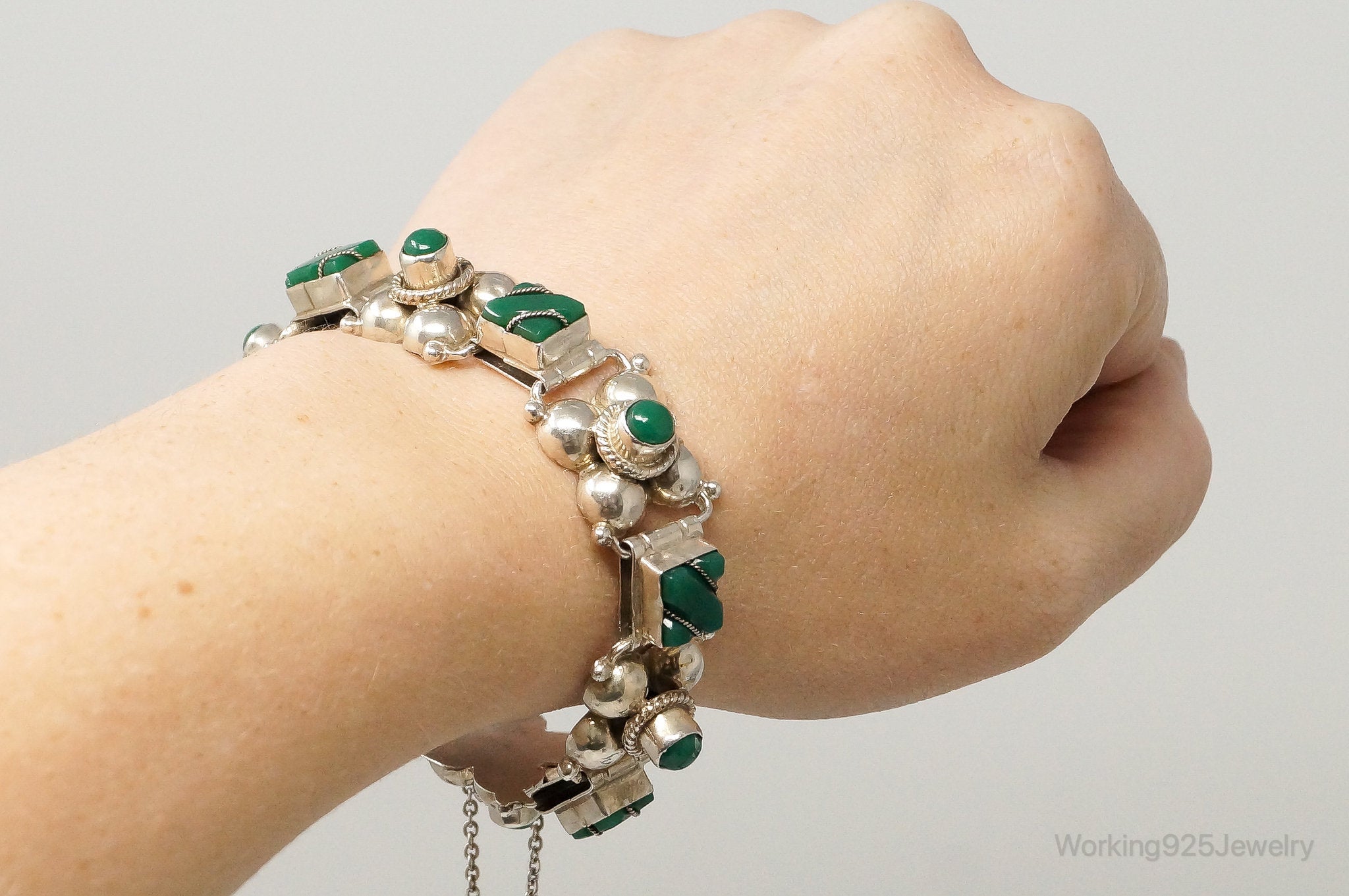 Vintage Mexico Handmade Green Onyx Sterling Silver Panel Bracelet