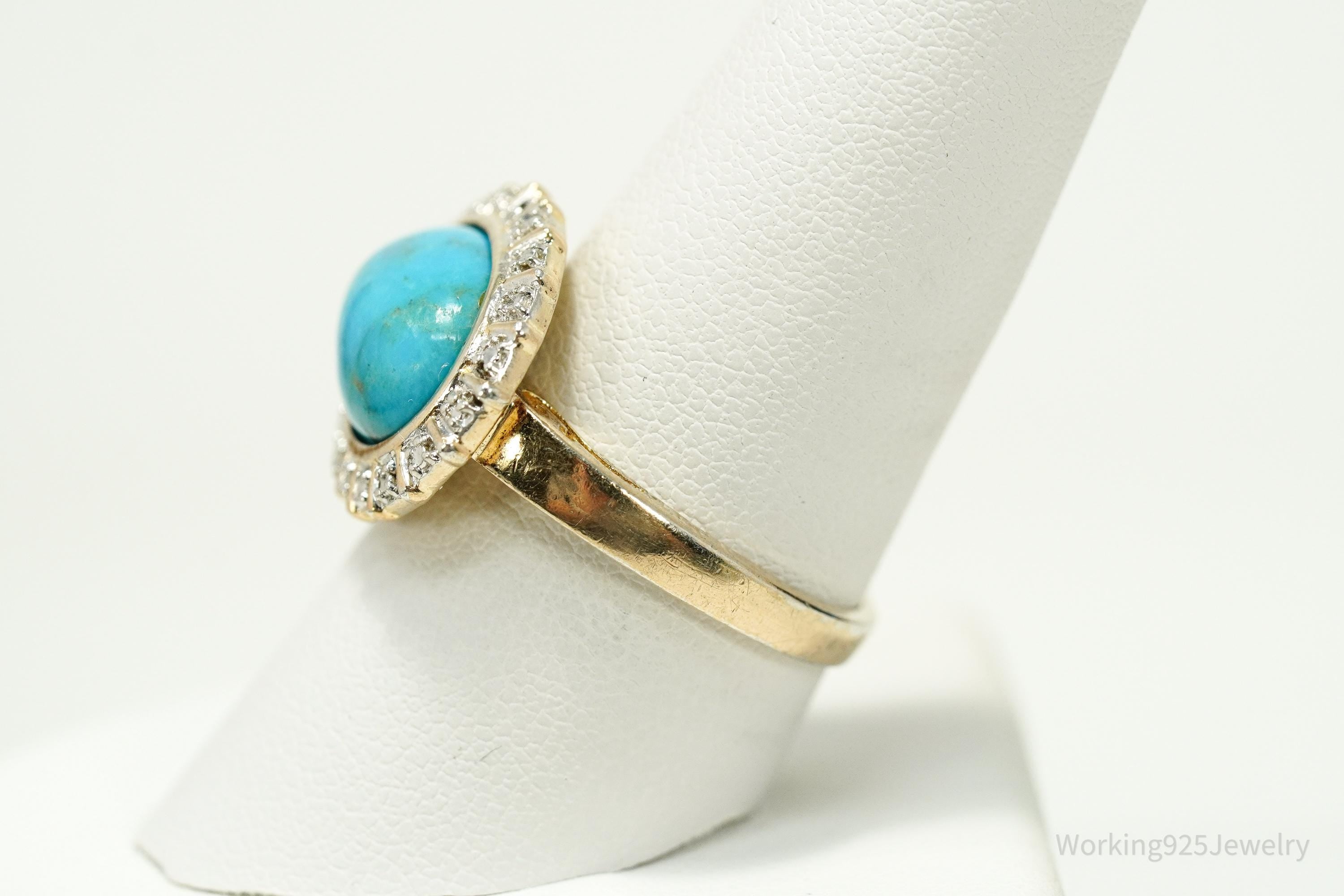 VTG Designer Ross Simons Turquoise & Diamond Gold Over Sterling Silver Ring - Size 9