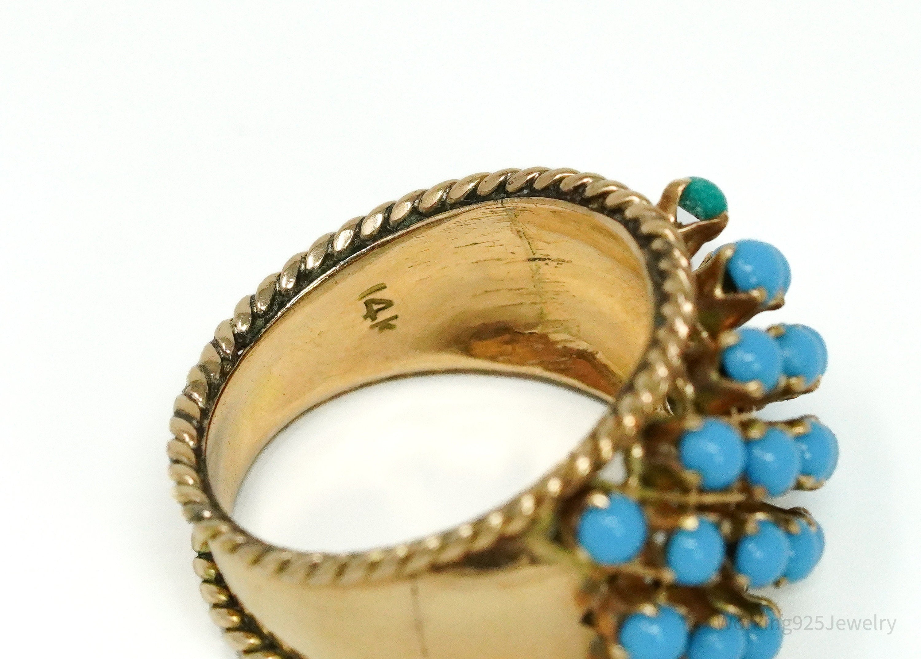 14K Yellow Gold & Turquoise Glass Cabochon Cocktail Ring - Size 6.25