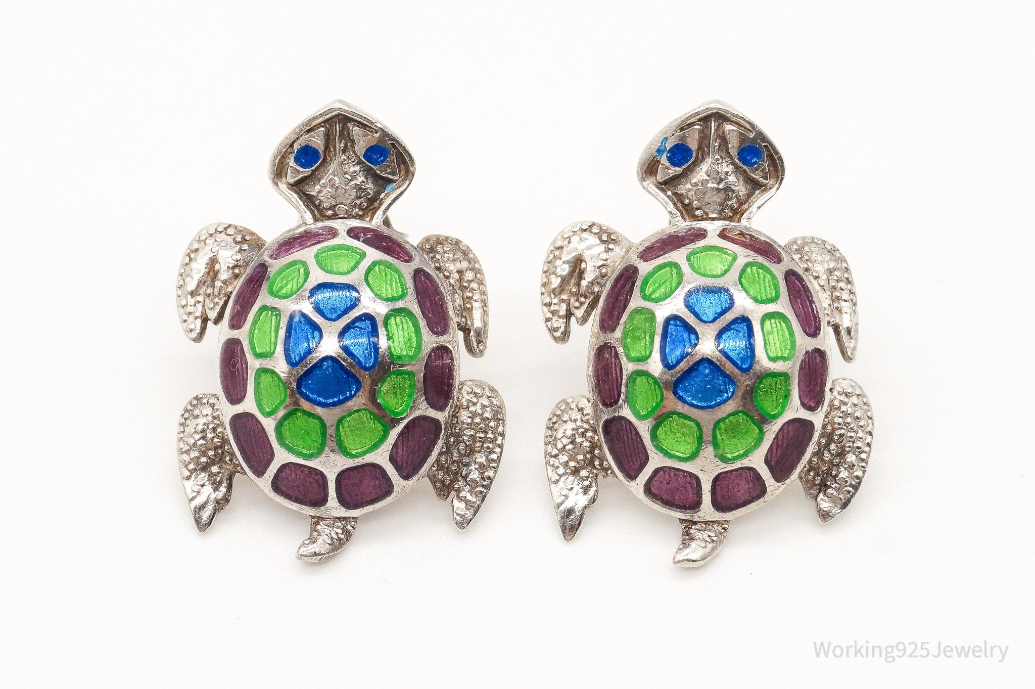 Vintage Enamel Sea Turtles 980 Silver Earrings