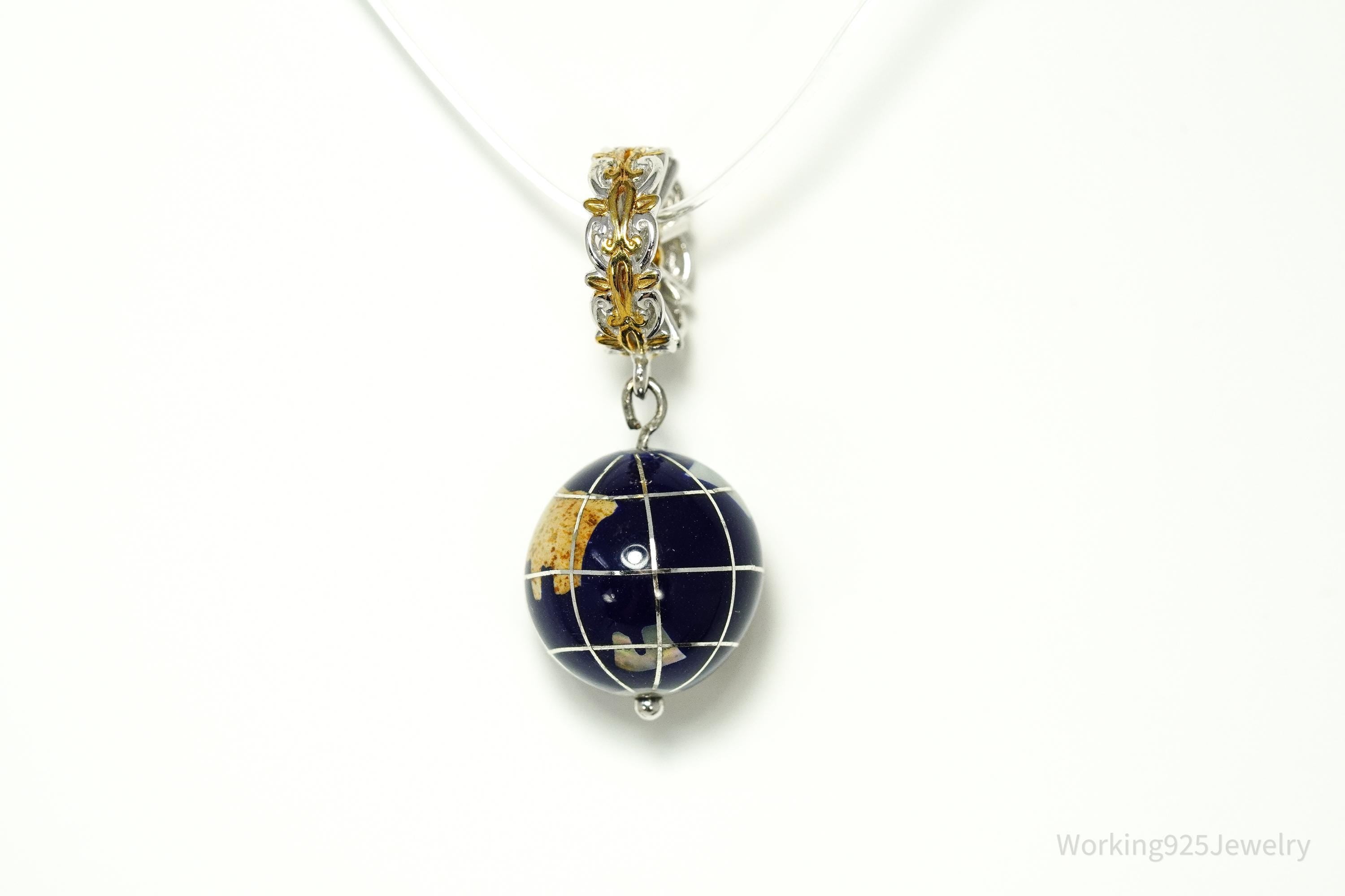 Designer Michael Valitutti Multi Gem Inlay Globe Gold Sterling Silver Charm Pendant