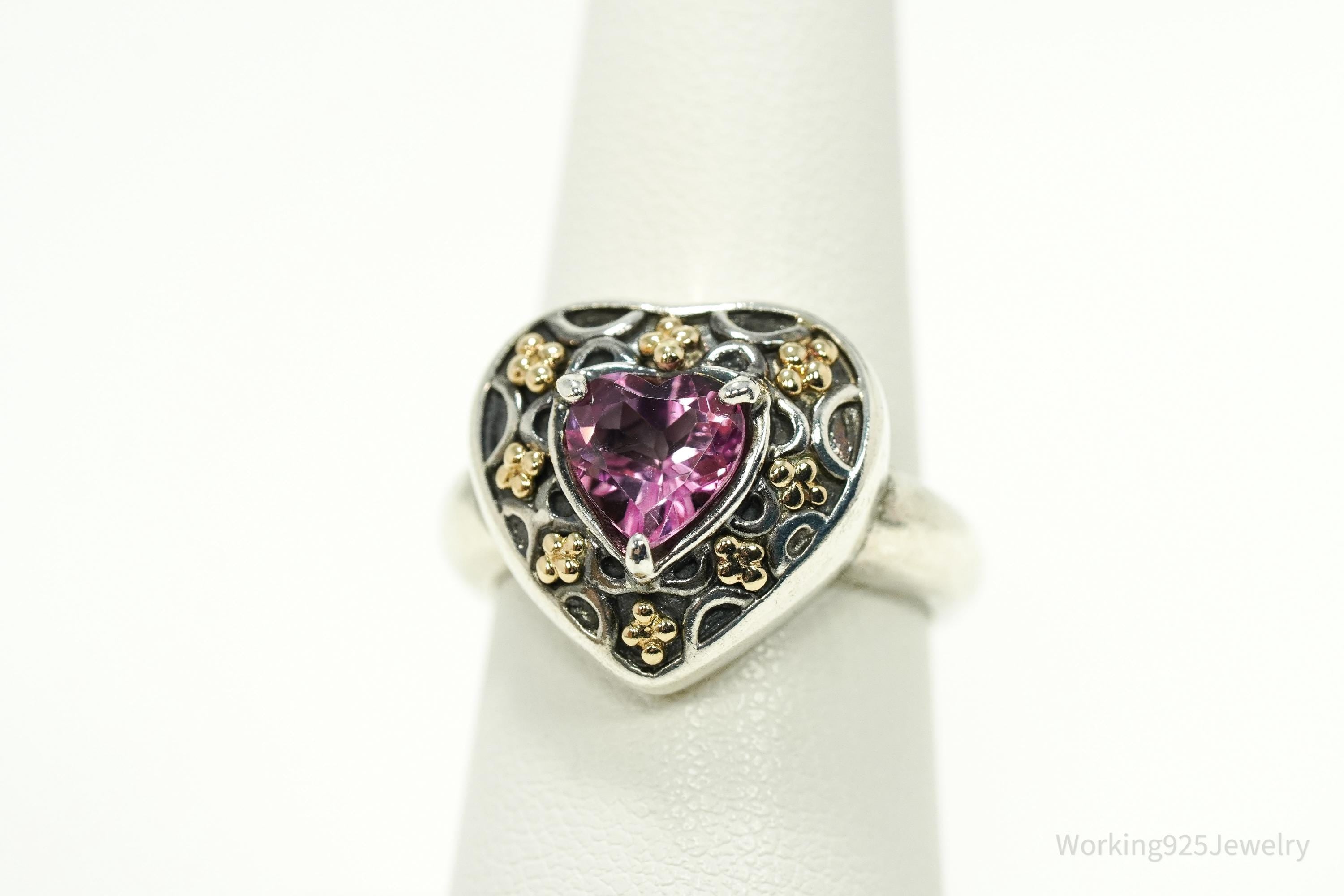Vintage SLV Pink Topaz 14K Yellow Gold Sterling Silver Ring - Size 7