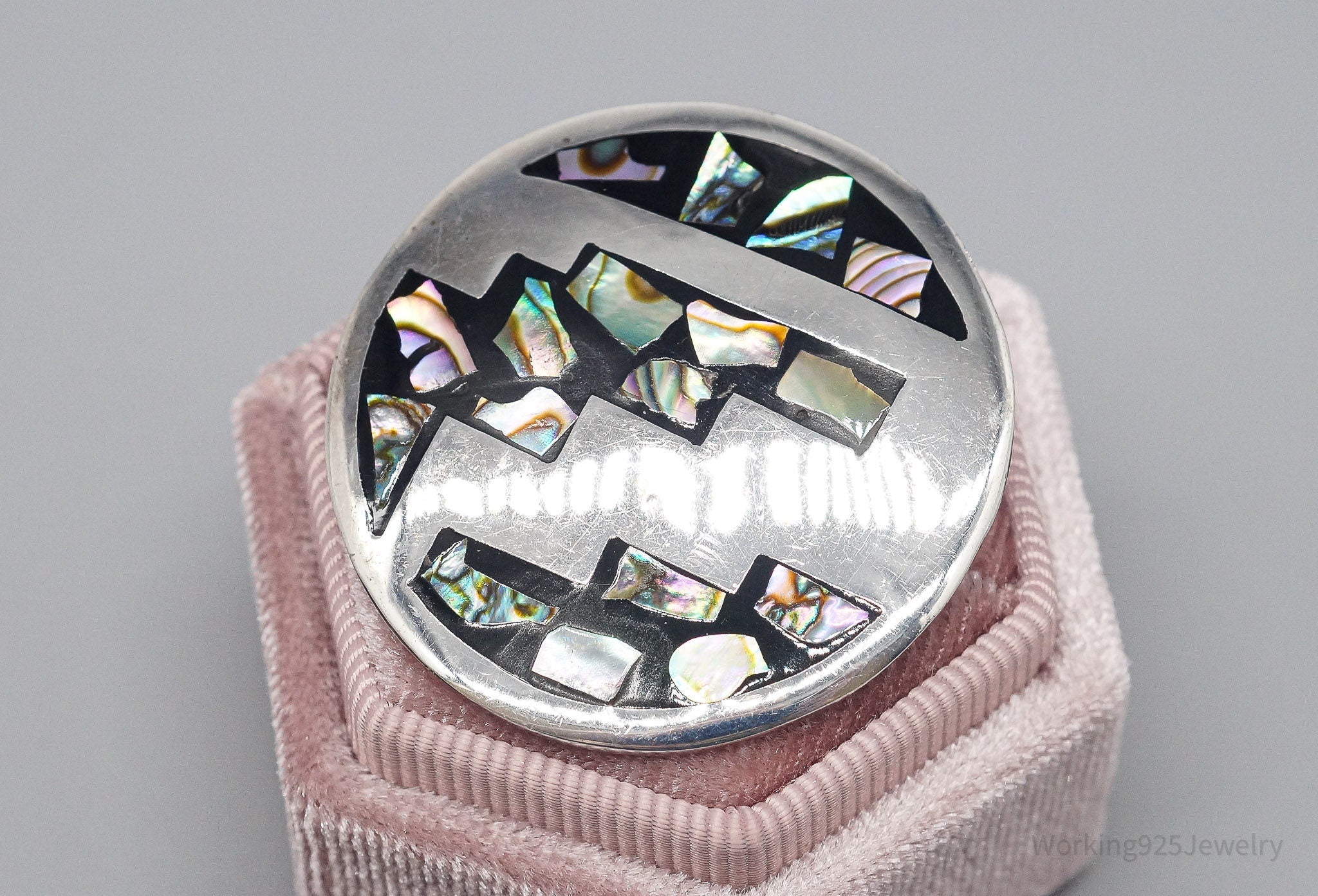 Large Vintage Taxco Mexico Abalone Paua Shell Inlay Sterling Silver Br