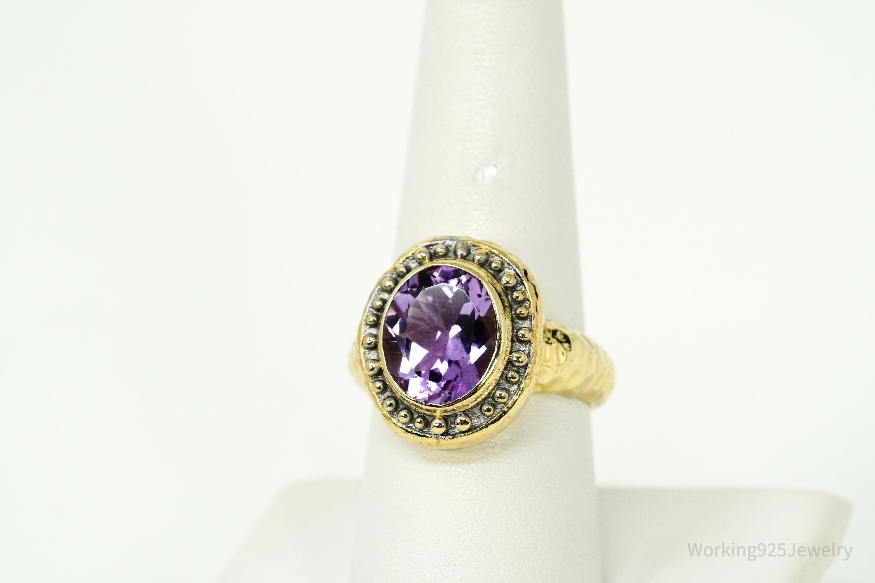 Vintage Italian Designer Amethyst Gold Vermeil Sterling Silver Ring - Size 8