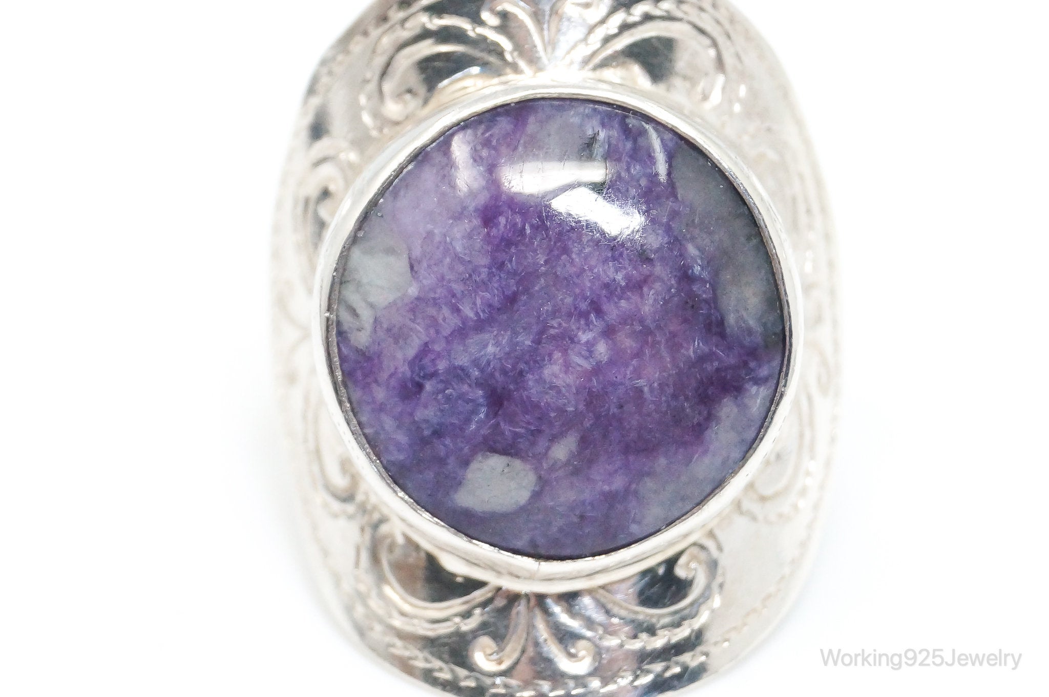 Vintage Mexico Designer Merav Large Charoite Sterling Silver Ring - SZ 9