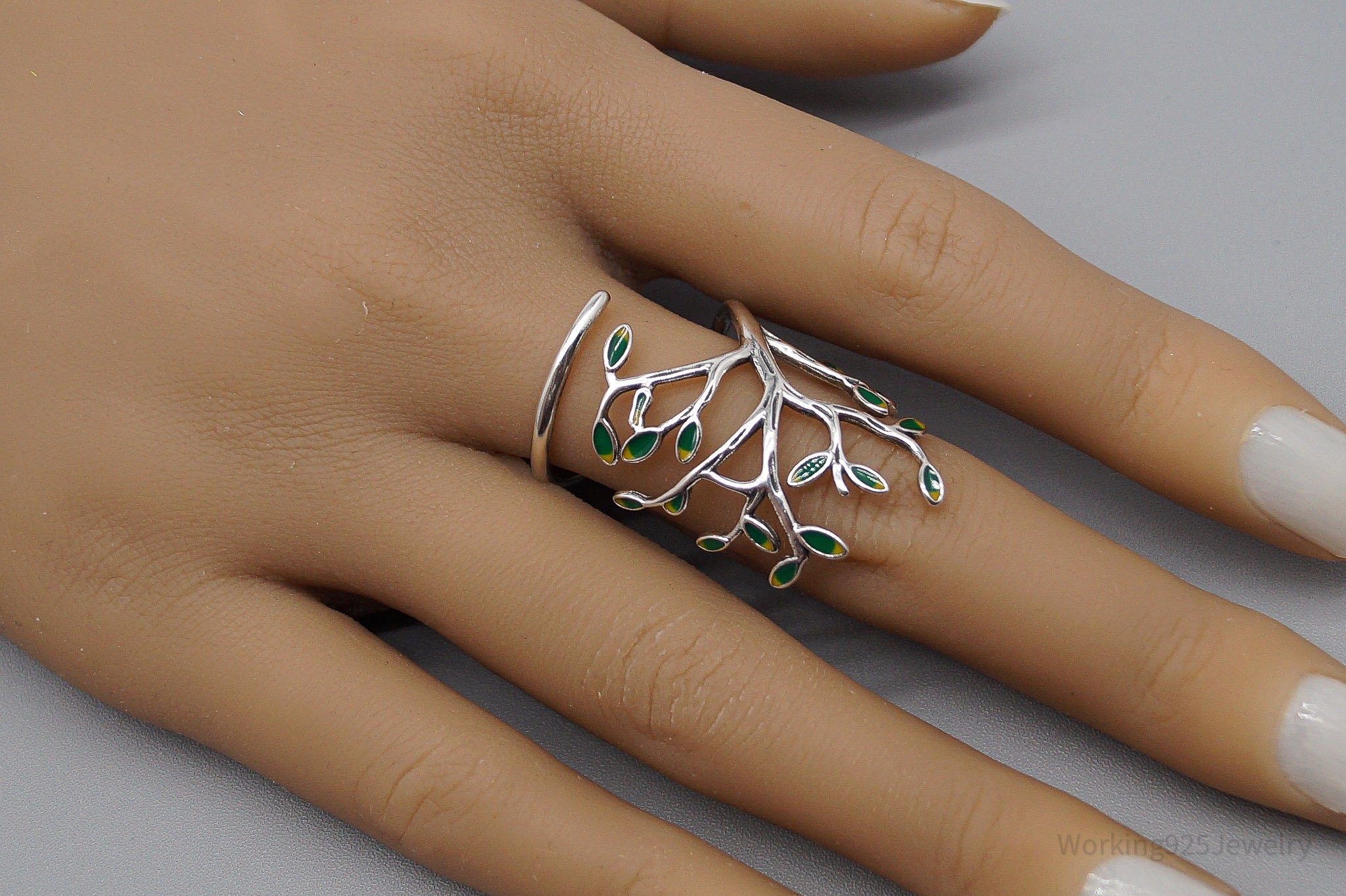 Vintage Tree Sterling Silver & Enamel Wrap Ring - Size 10.15 Adjustable
