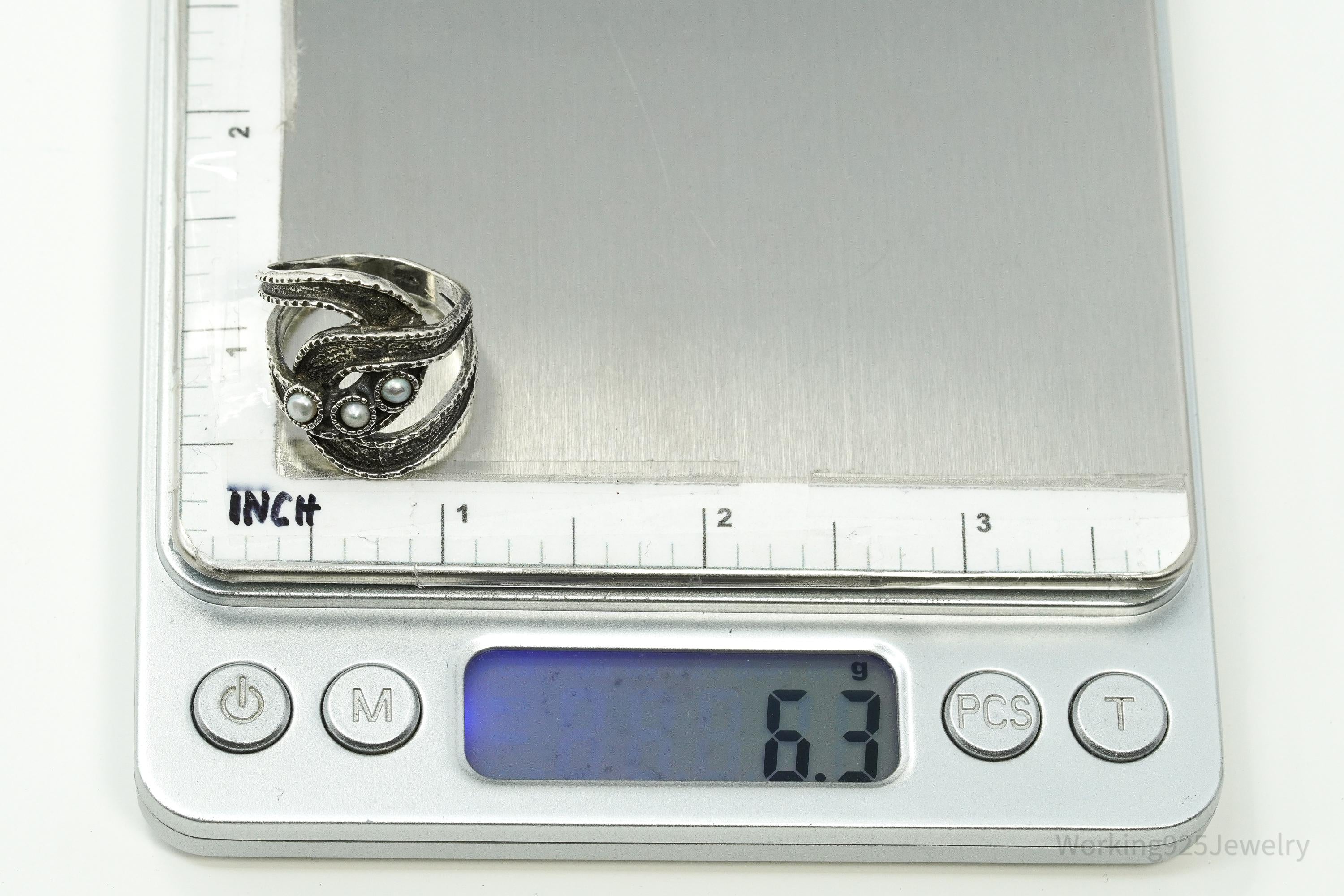 Vintage Pearls Modernist Style Sterling Silver Ring - Size 7.25