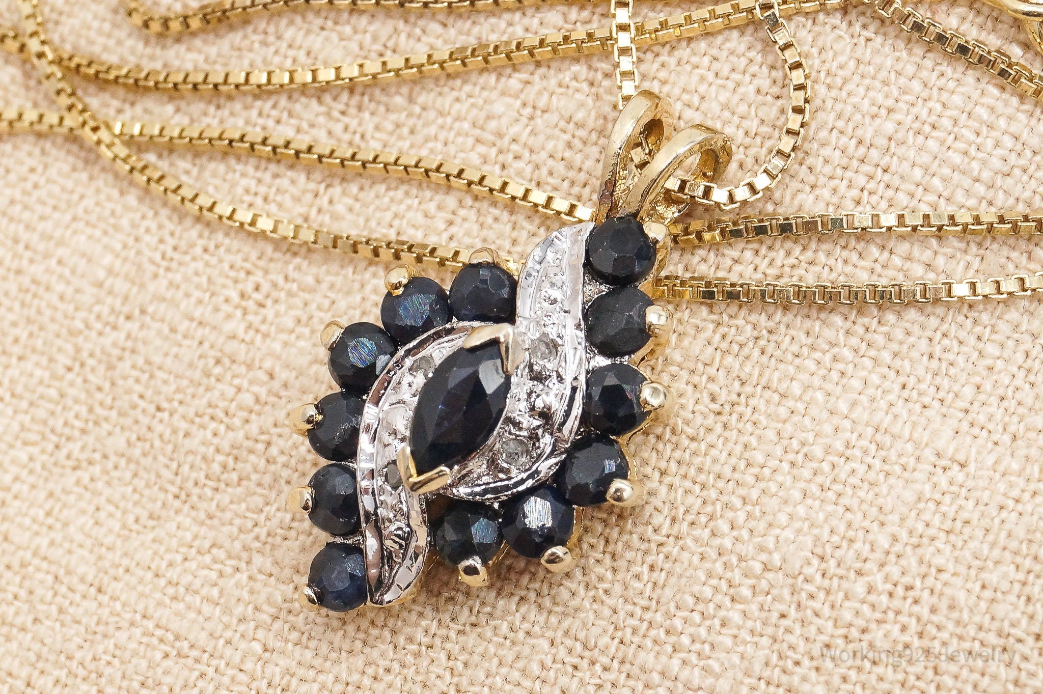 VTG Ross Simons Sapphires 4 Diamond Gold Vermeil Sterling Silver Necklace 24"