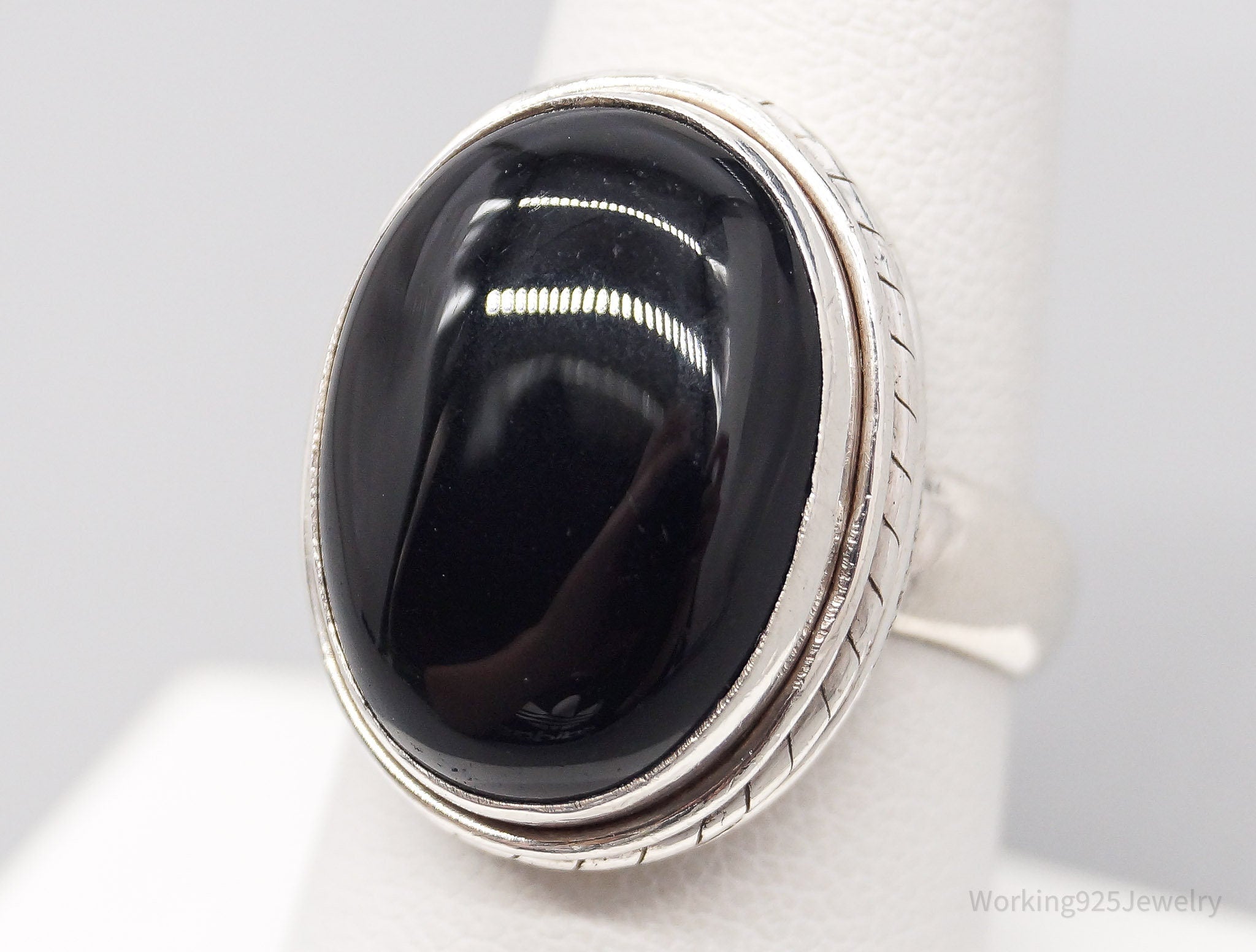 Vintage Large Black Onyx Silver Ring - Size 8